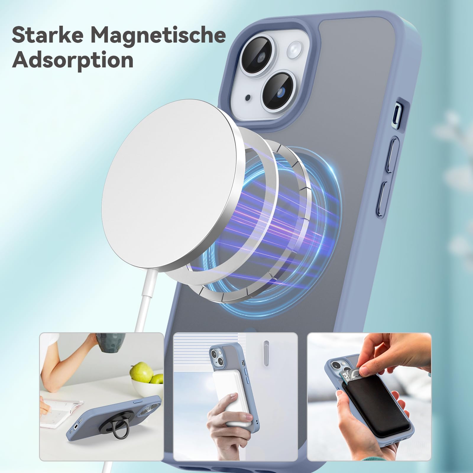 Natiiozie Magnetica Cover per iPhone 13/iPhone 14 Compatibile con MagSafe Custodia Traslucida Opaca Posteriore, Antiurto Anti-impronta Resistente ai Graffi Protettiva Case,Blu