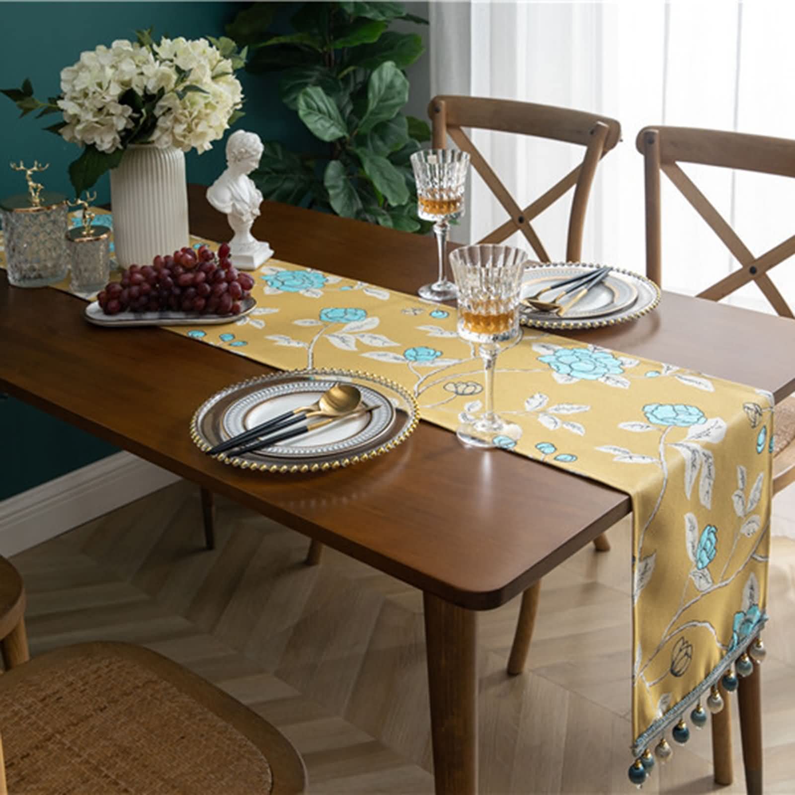 Dekostoff Tischläufer Modern, Polyester Tischläufer Abwaschbar Weihnachtlicher Tischläufer Wohnzimmer Zweige mit Blumen und Blättern Gelb 33x180CM