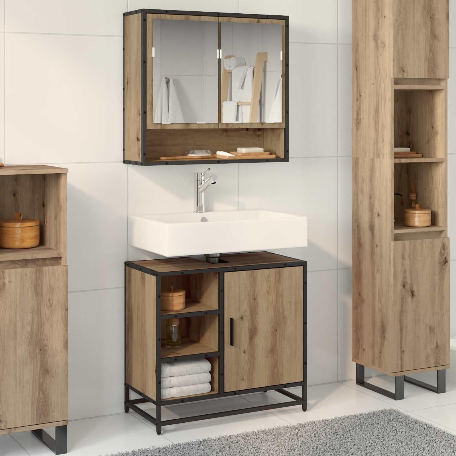 Mueble de baño de roble artesanal marrón, ideal para crear un ambiente relajante