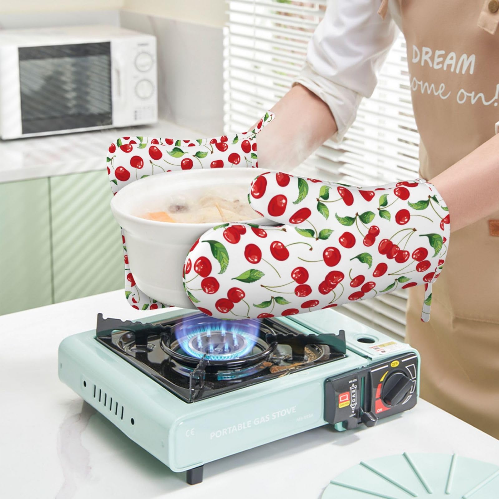 Juego de manoplas de horno y soportes para ollas de silicona con patrón de frutas de cerezas, manoplas de cocina, resistentes al calor, 4 guantes de horno, almohadillas calientes para