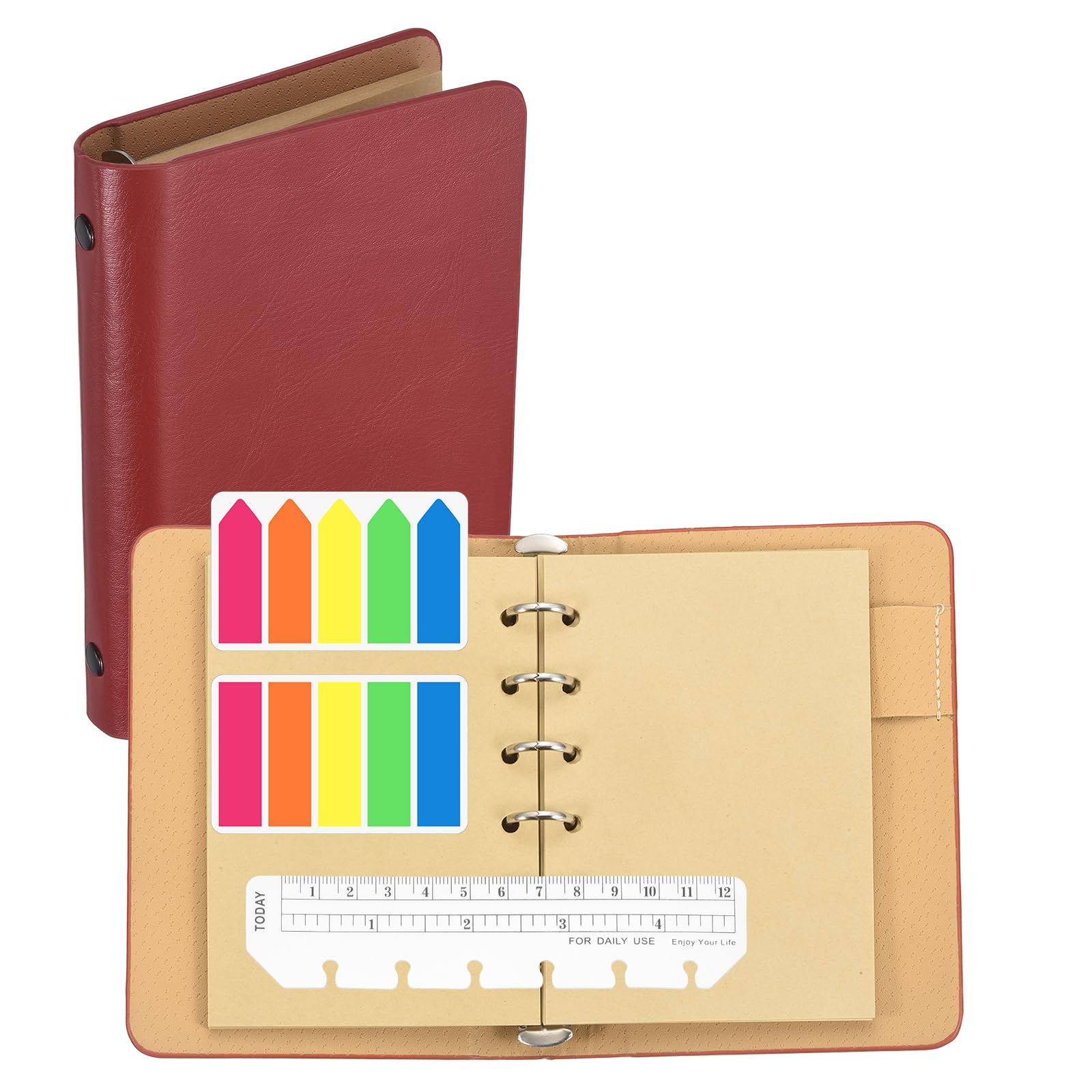 PATIKIL A6 Kraft Pages 6 Ring Binder, Leather Notebook with Transparent Bookmark Ruler and Colorful Index Sticky Tabs for Office Study Work, Red
