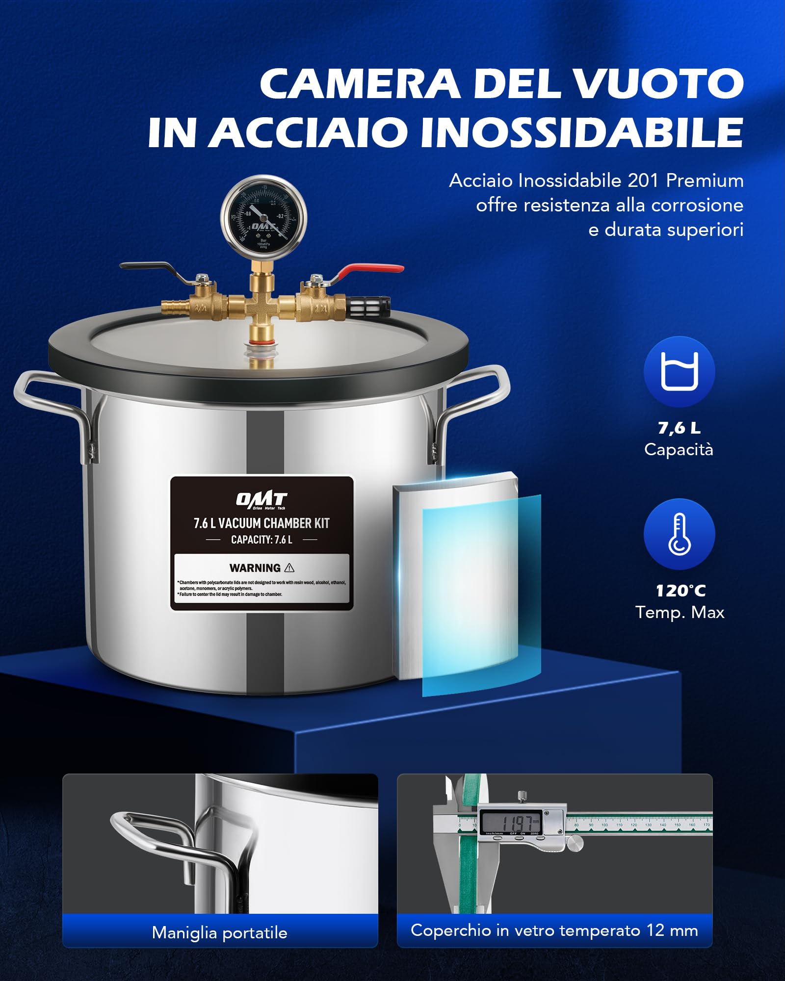 Orion Motor Tech 7.6L Camera a Vuoto 100 L/min con 3.5 cfm Pompa, 186W Pompa con Camera Vuoto Coperchio in Vetro, Camera di Degasaggio Sottovuoto per e Degasaggio di Resina Siliconica