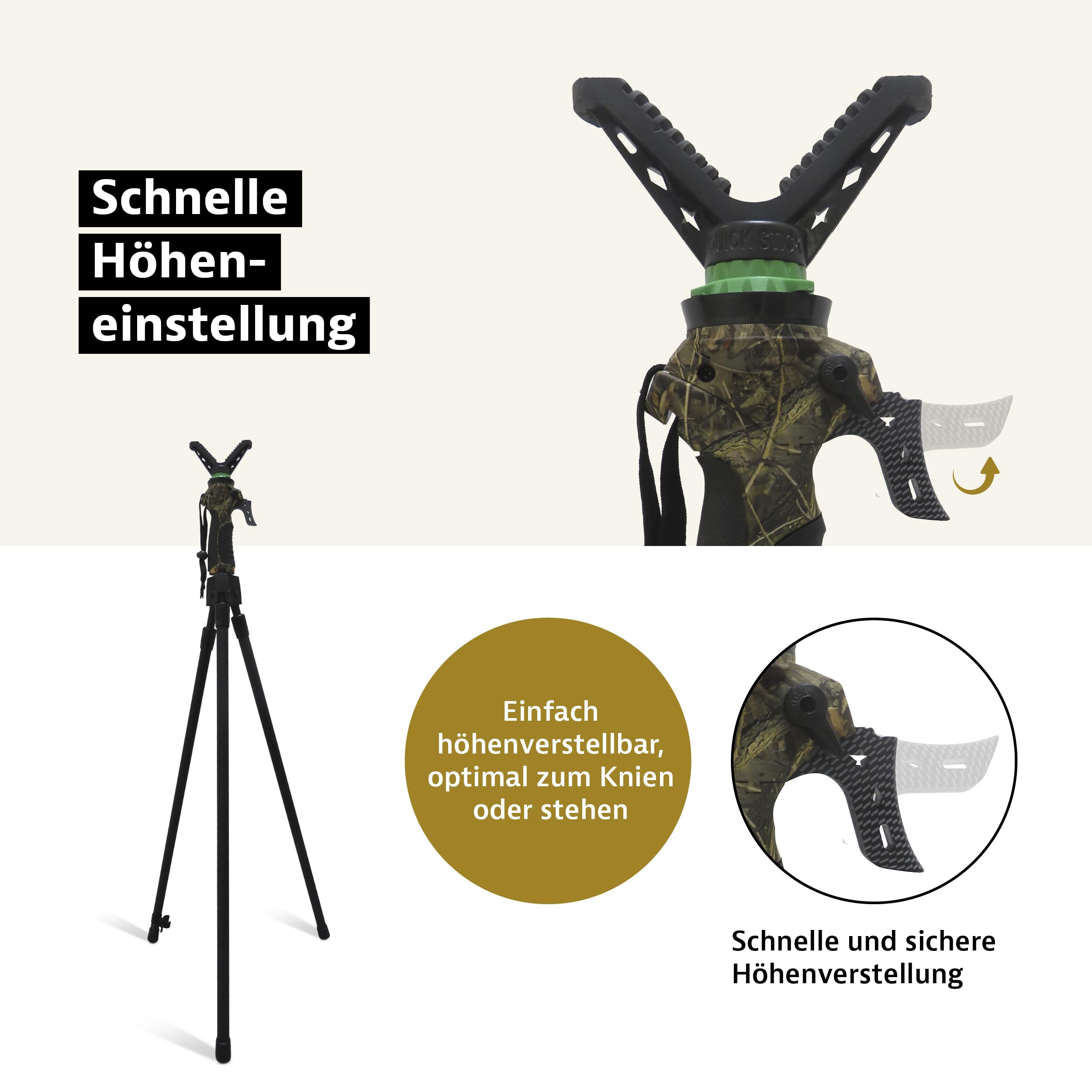 Royal Hunter® - Zielstock für Jäger - Tripod Dreibein GEN 3 – V-Joke Gewehrauflage - Pirschstock und Schießstock für perfekte Balance für präzises Zielen- stufenlos verstellbar von 100cm bis 160cm