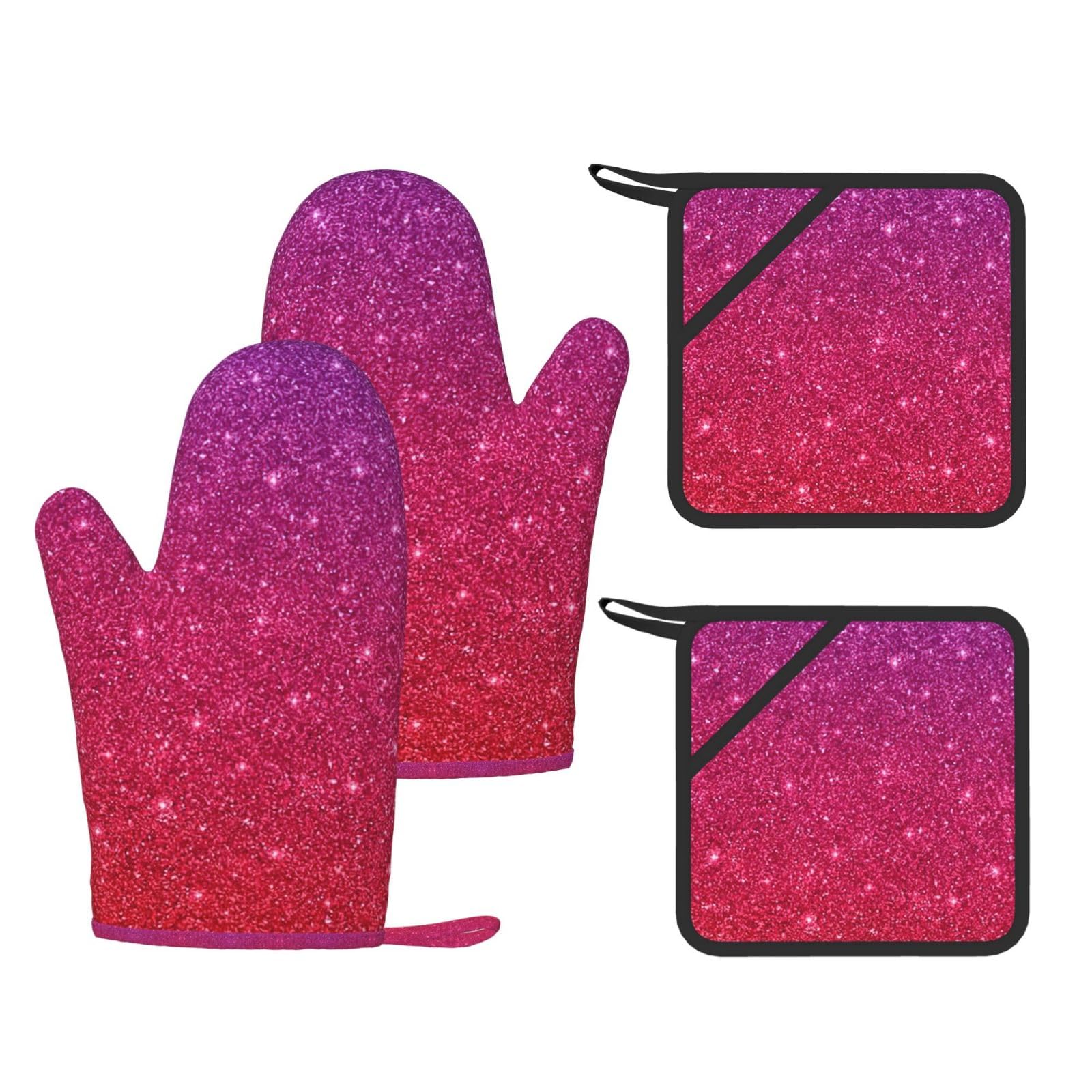 Gradient Sequin Sparkle Printed Cooking Mitts and Pot Holders 4 Pcs, Heat Resistant Oven Gloves with Hanging Loop Chef