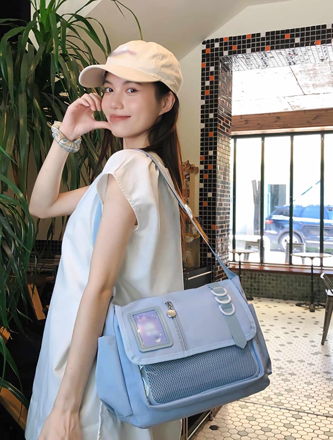 black ita messenger bag for women, large capacity cute pin display crossbody bag, kawaii purse with bottle holder image 3