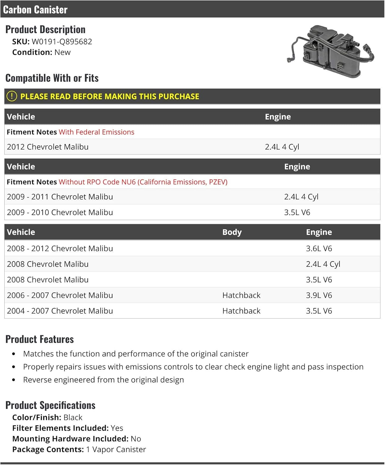Marketplace Auto Parts Carbon Canister - Compatible with 2004-2012 Chevy Malibu Hatchback