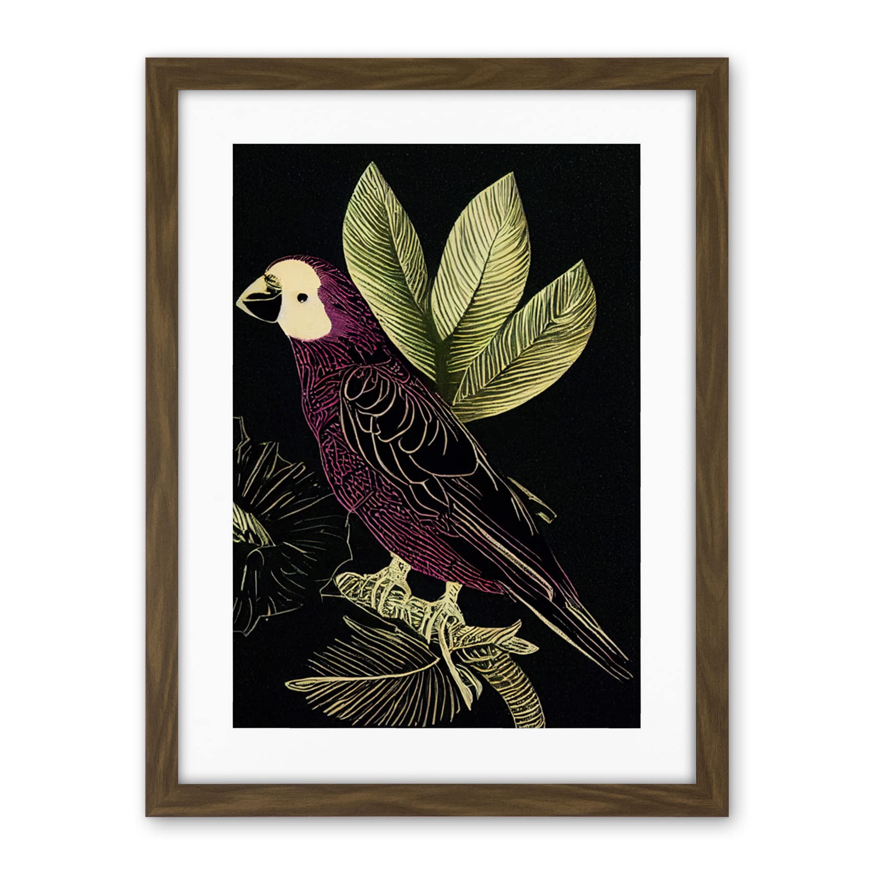 Wee Blue Coo Burgundy Parrot Leaves Tree Branch On Black Vintage Linocut Illustration Artwork Framed Wall Art Print 18X24 Inch