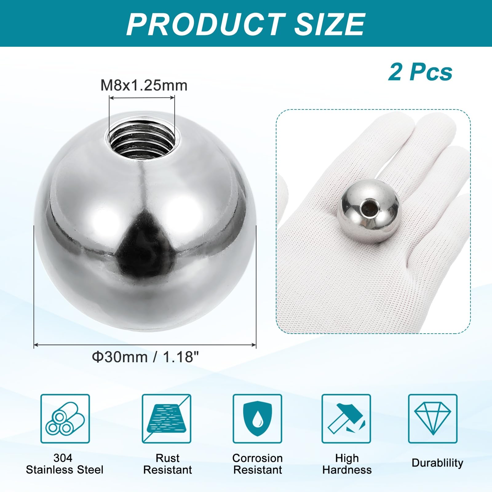 PATIKIL M8x30mm Ball Nuts Knob, 2pcs 304 Stainless Steel Round Solid Blind Hole Decorative Screw Cap Cover Machinery Handle Hardware - Image 2