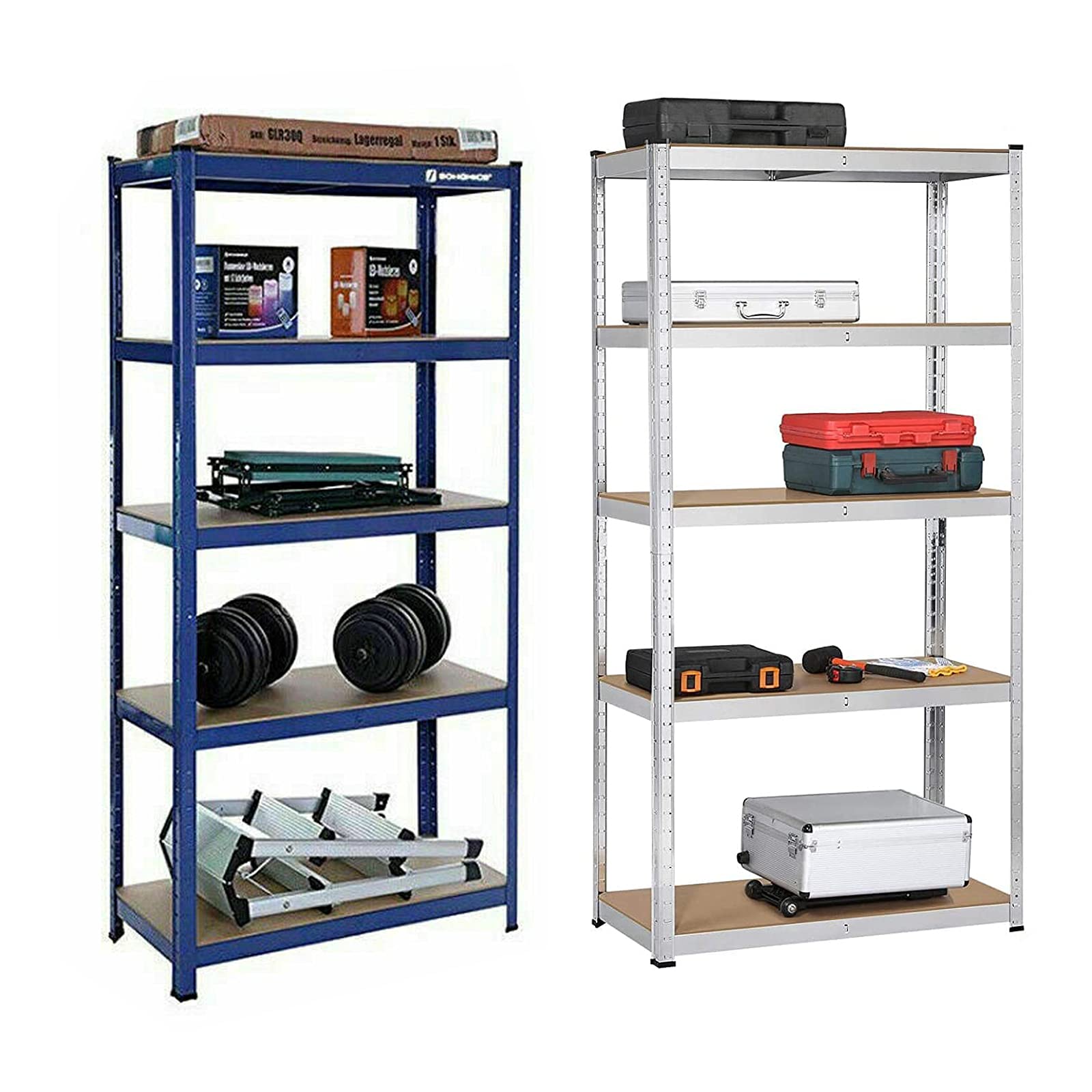 Scaffalatura a 5 ripiani in MDF, 200 x 100 x 50 cm, in metallo con 5 ripiani regolabili, portata fino a 875 kg, design senza bulloni, facile da montare per garage, officina, dispensa, blu