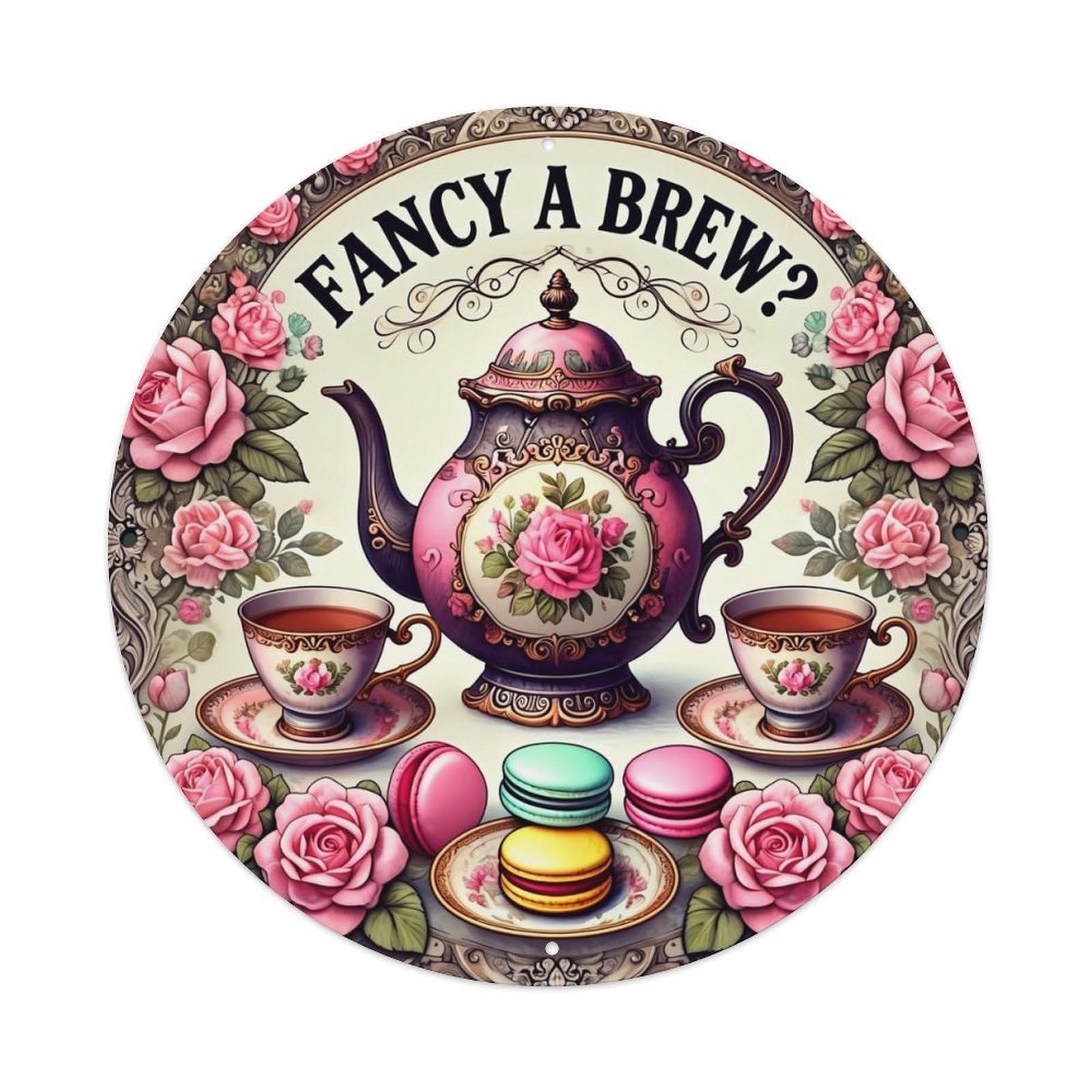 Floral Teapot Cup Macaron Rose Tin Sign Metal Poster Vintage Metal Signs for Home Man Cave Bar Cafe Kitchen laundry room Wall Decorations Gift 8x8Inch
