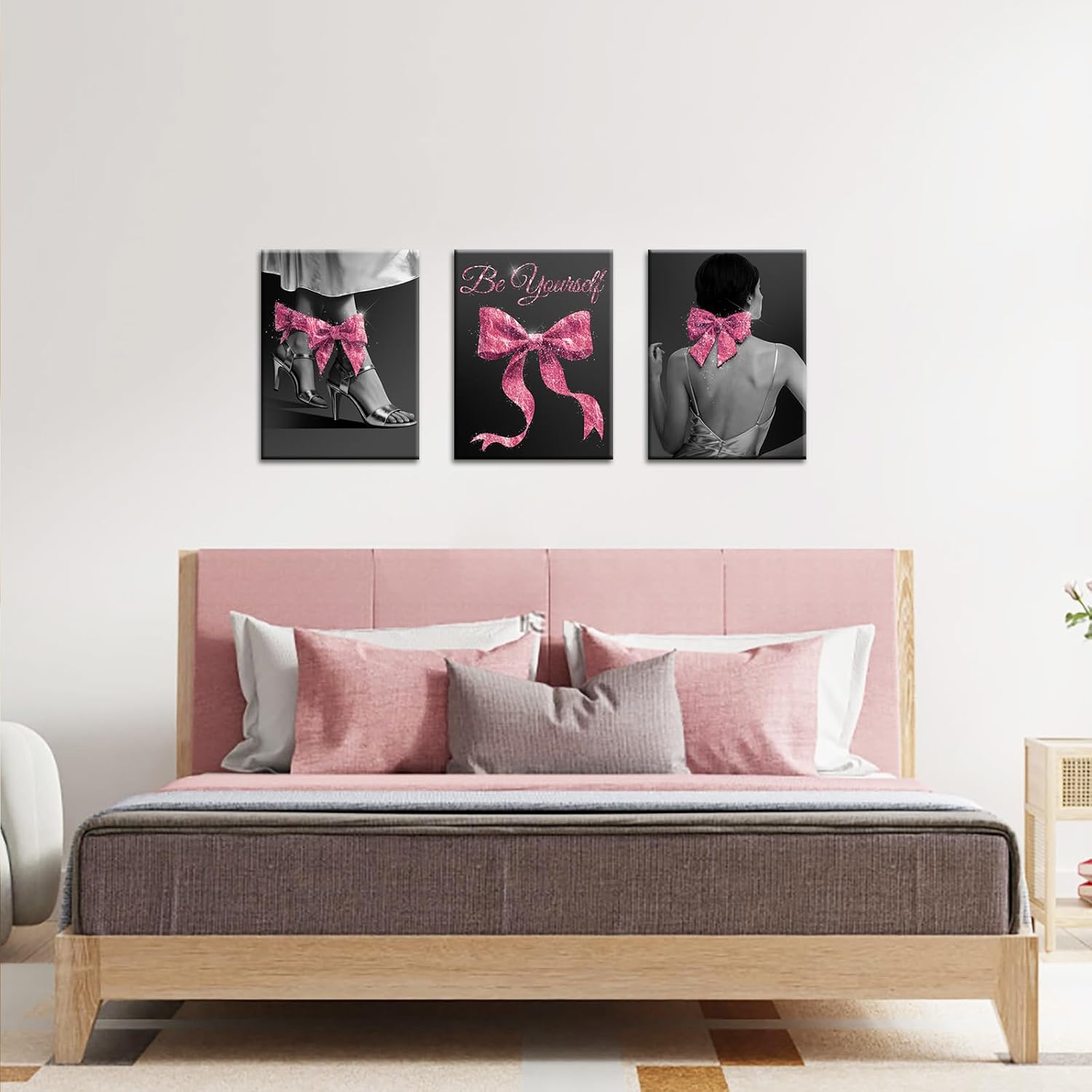 OuElegent Black White Pink Wall Art Pink Glitter Bow Pictures Wall Decor, 3 Panel Modern Fashion Glam Print Set, Be Yourself Theme Decor (pink)