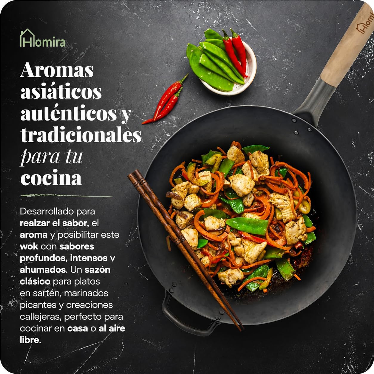 Homira Wok de Acero al Carbono de 36 cm, Martillado a Mano, Fondo Plano y Mango de Madera – Sartén Wok Tradicional sin PFAS para Inducción, Gas, Vitrocerámica, Barbacoa y Exterior (Fondo Plano)