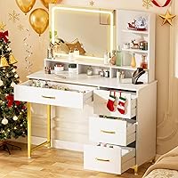 COMHOMA Pearl White Makeup Vanity Desk with Lights, Large HD Mirror, 4 Drawers & Shelves - Modern Bedroom Dressing Table