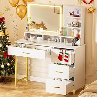 COMHOMA Vanity Desk with Mirror and Lights, Makeup Vanity Table with 4 D...