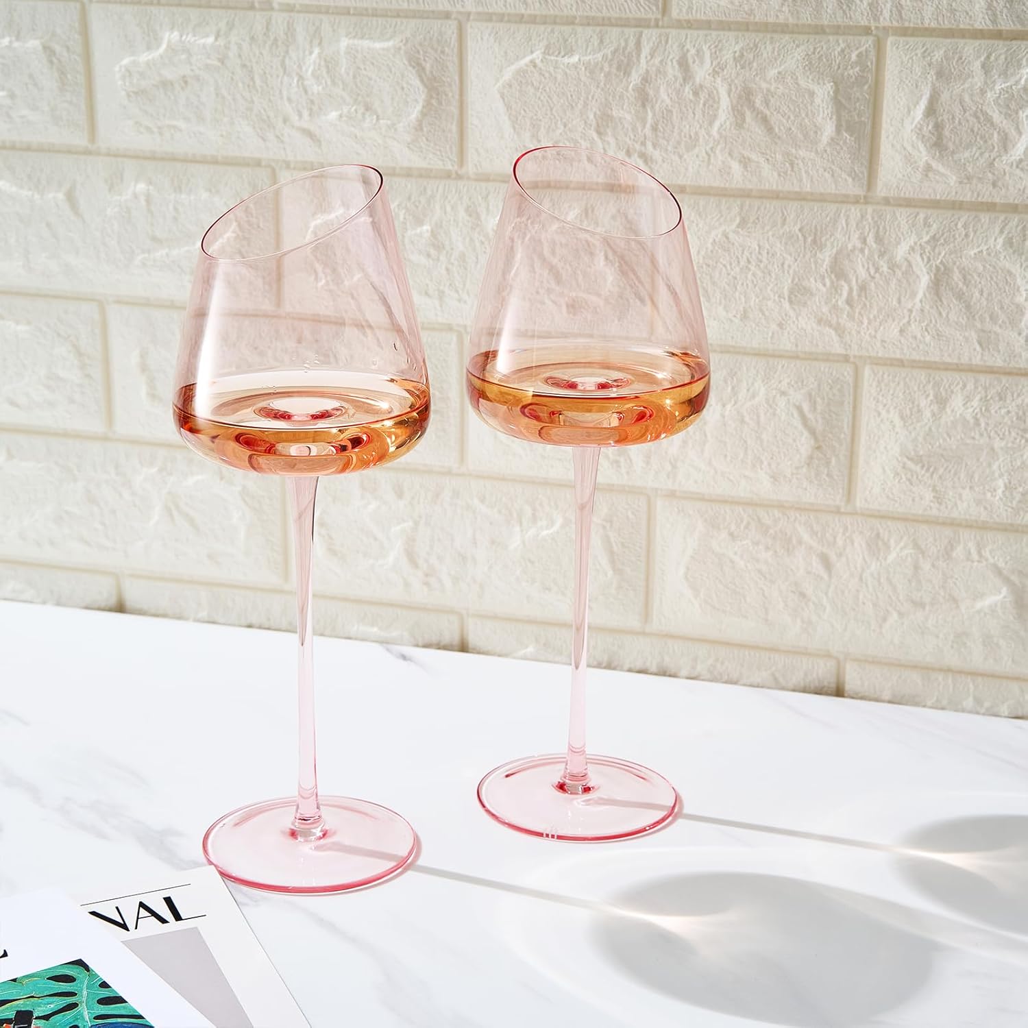 Khen Pink Wine Glasses, Gift | Set of 2 | Rose Blush Colored 18oz Slanted Glassware, Tall Stemmed Glass, Gifts Wife, Girlfriend, Women, Birthday, Wedding, Mother's Day, Anniversary