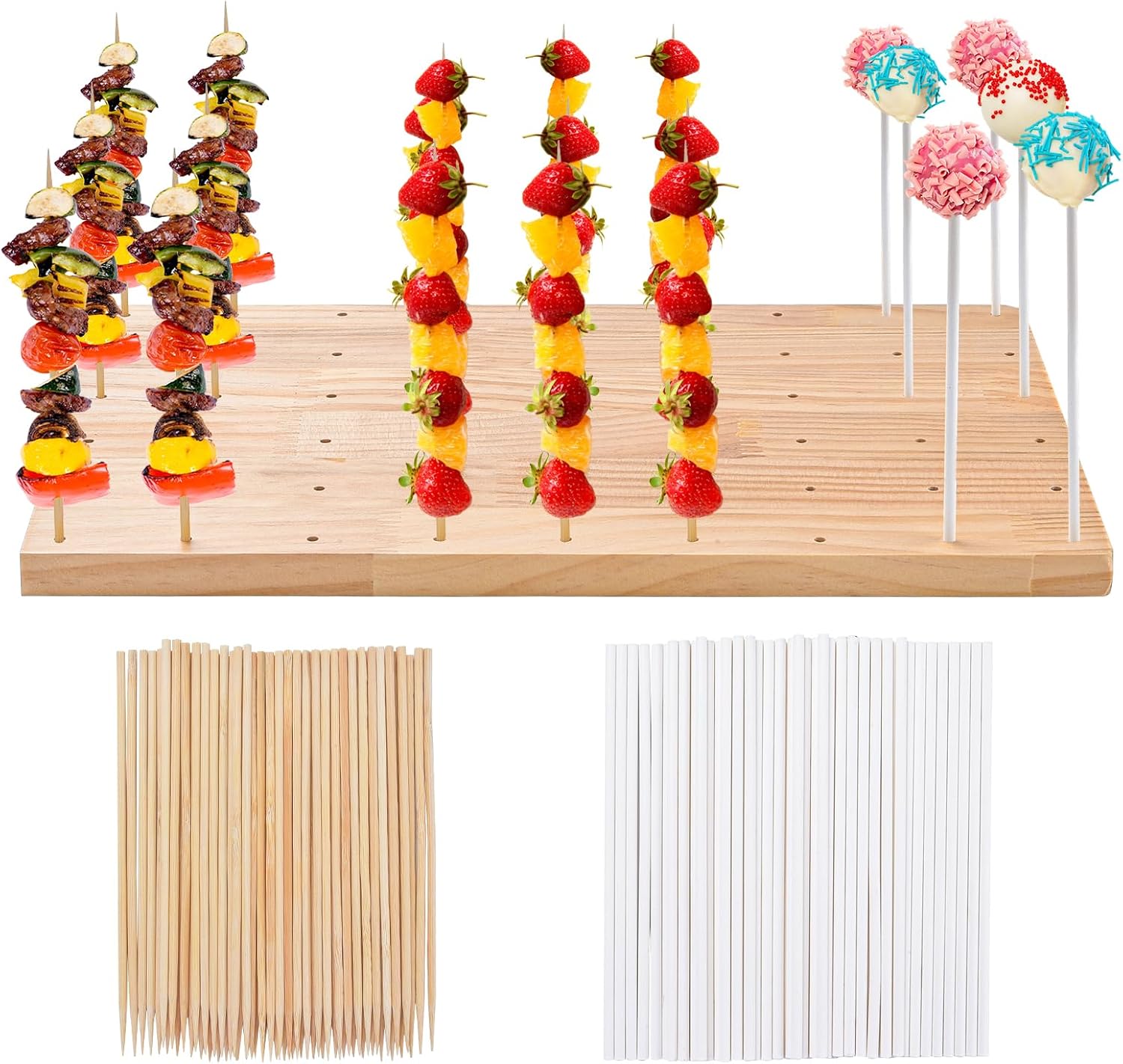 54 Holes Wooden Skewer Display Holder,Rectangle Fruit Kabobs Skewers Stand,Catering Appetizer Fruit Pick Stand Skewers,Wheat Color Wood Lollipop Holder for Baby Shower Birthday Cocktail Party