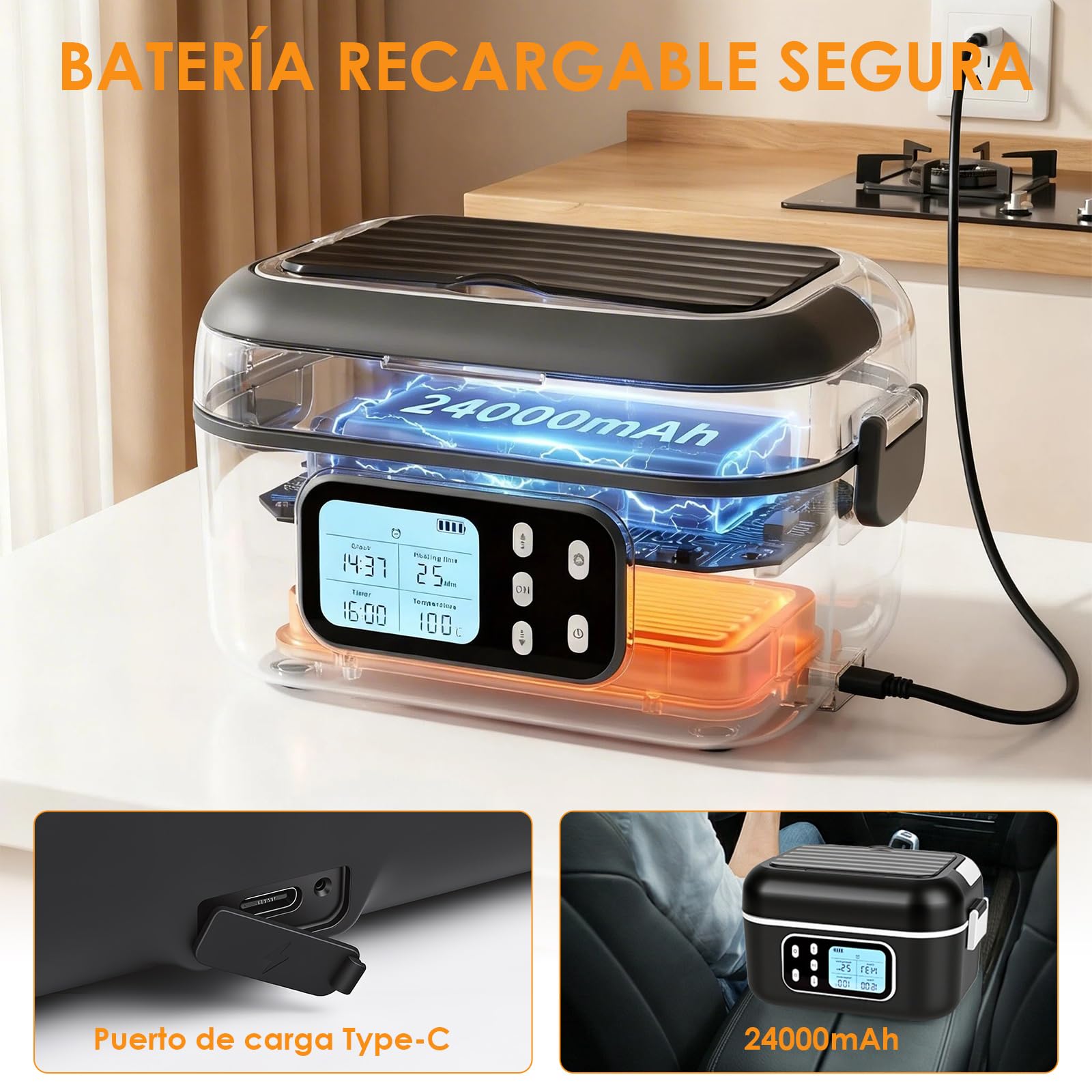 Dreamhigh 1,5 L Fiambrera Eléctrica Con Batería, Calentador De Comida Portátil 24000 mAh, Diseño Antifugas y Función de Calentamiento Programable Para Coche y Trabajo (negro)