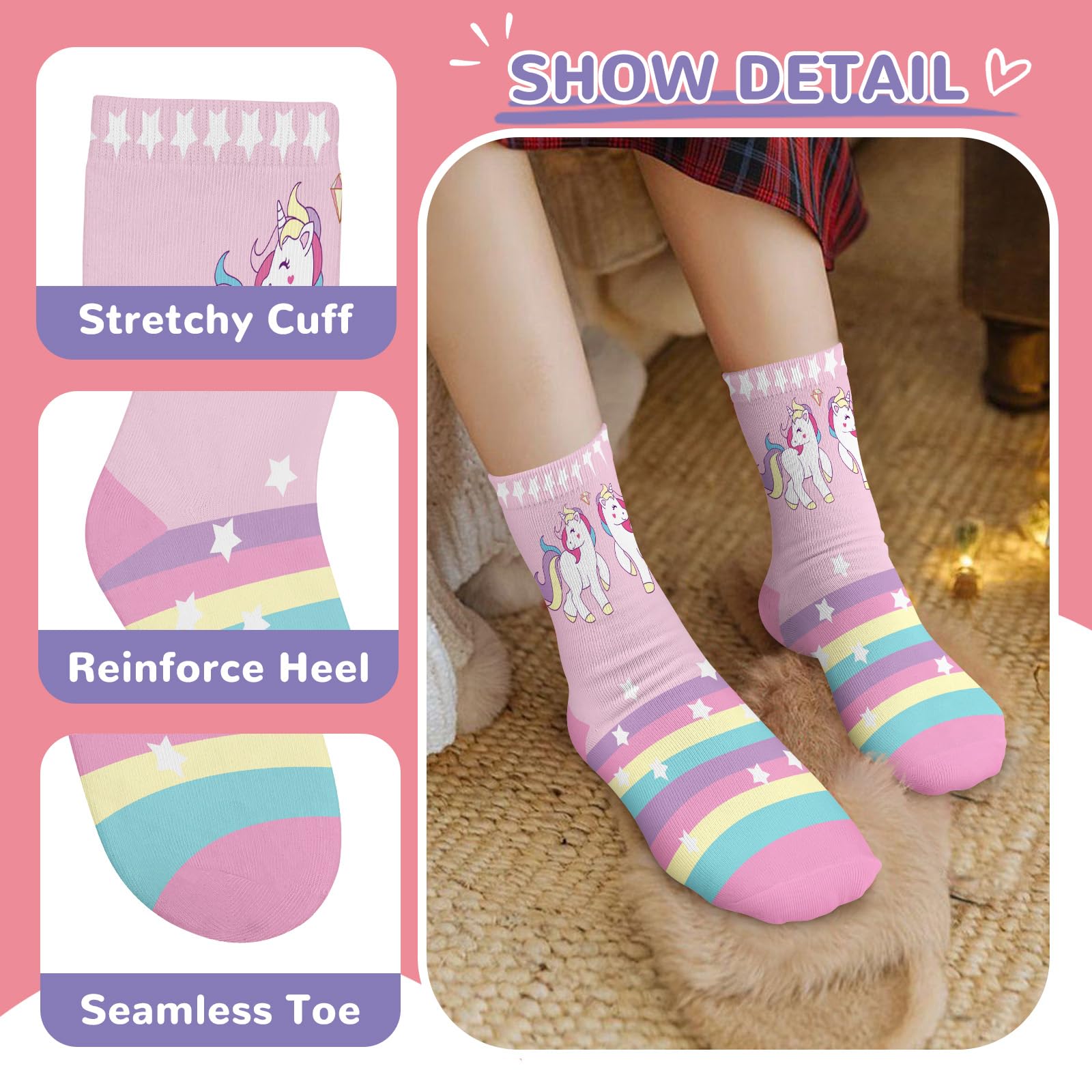 6 Paires Chaussettes Enfants Filles Modèles Mignons Caricature Rose Licorne et Arc-en-ciel Chaussettes Crew Cadeau Doux de 3 à 14 Ans Taille 25-38