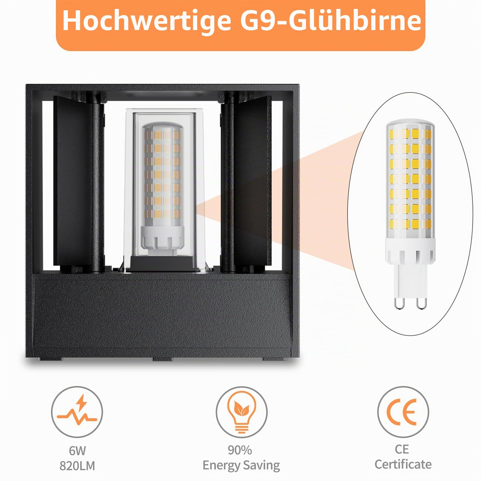 KYOTECH Wandleuchte mit G9 LED Lampe, IP65 Wandlampe 3000K 1er Schwarz | Außenwandleuchten mit 6W 820LM Austauschbarer G9 LED Lampe und Einstellbar Abstrahlwinkel für Wohnzimmer Garten