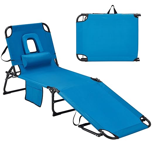 Candockway Outdoors Lounge Chair,300lbs Folding Patio Lounge Chair with Face Hole, Adjustable Backrest, Non-Slip Foot & Portable Handle, Chaise Lounge for Patio, Yard