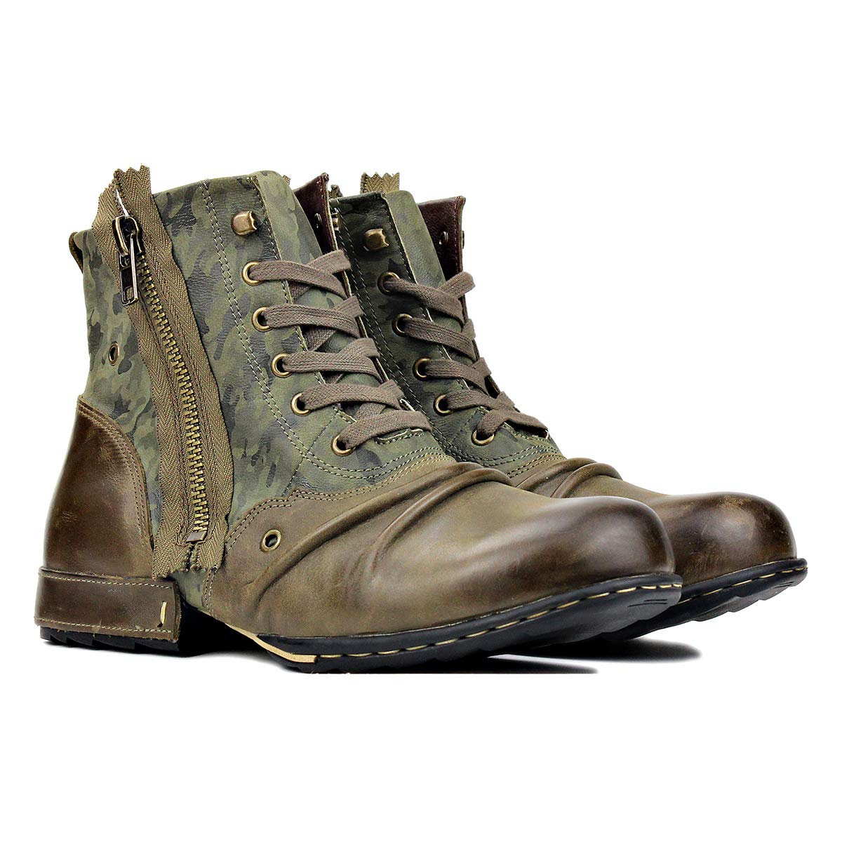 OSSTONE Herren Stiefel aus Rindsleder Lederstiefel mit Gummisohle Biker Boots mit Reißverschluss Männer Stiefeletten OS-5008-8-Green-DE