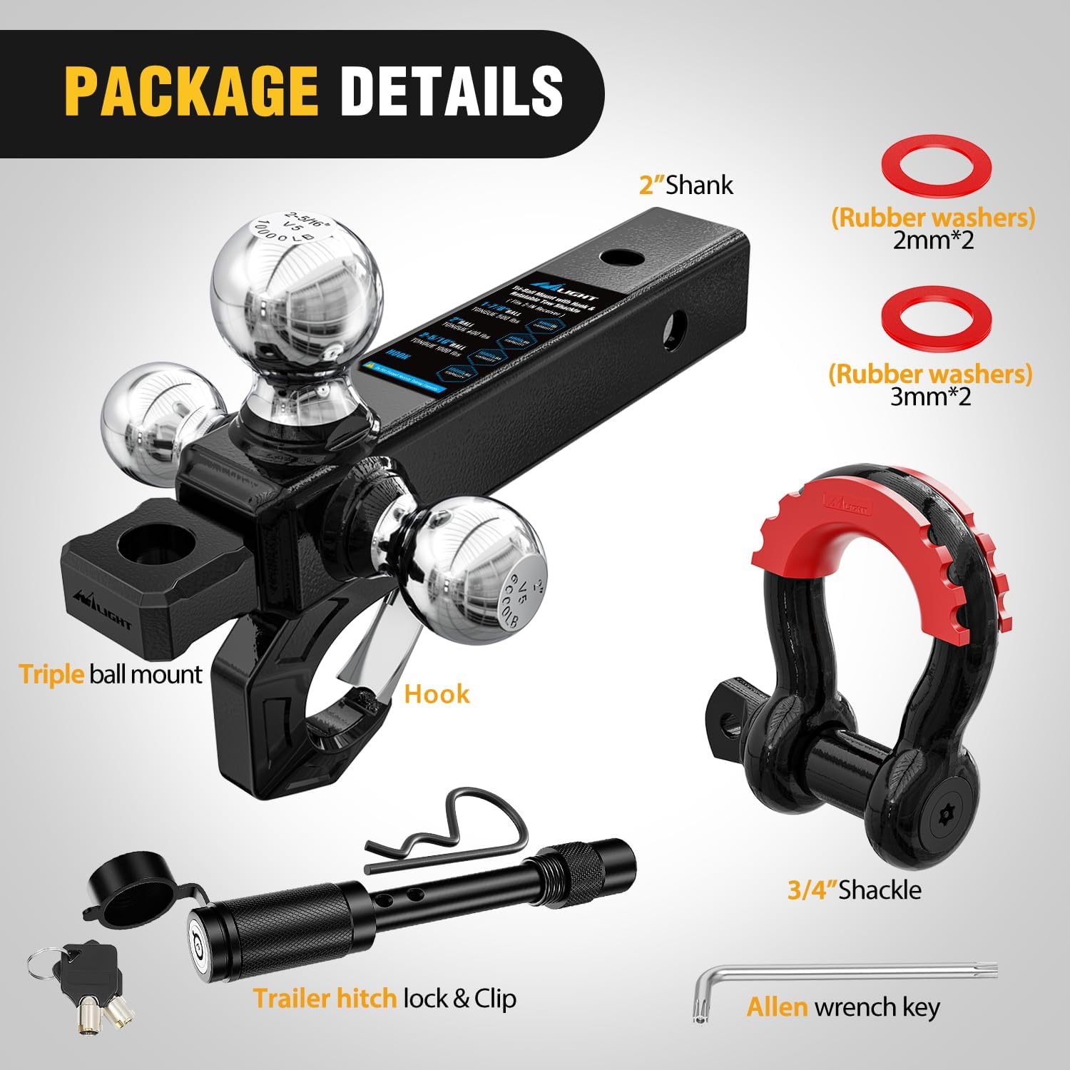 Nilight Trailer Hitch Tri-Ball Mount with Hook and Rotatable Tow Anti-Theft 3/4” Shackle Fits for 2inch Receiver Ball Size 1-7/8” 2” 2-5/16” GTW from 5000lbs to 10000lbs for RV SUV ATV Truck