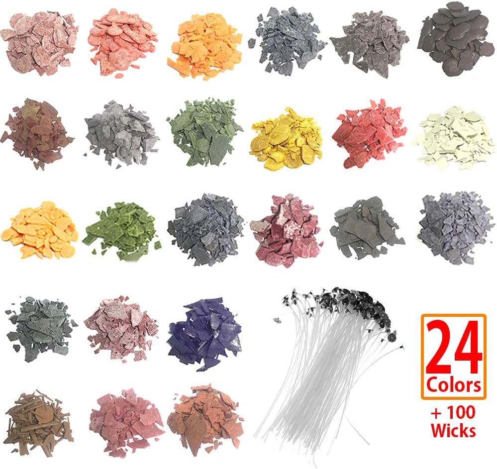 SthAbt - 24 Color Candle Dye Natural Soy Candle Wax Chips Kit DIY Scented Dipped Candle Coloring Supplies with 100 Wicks 0.1oz Each