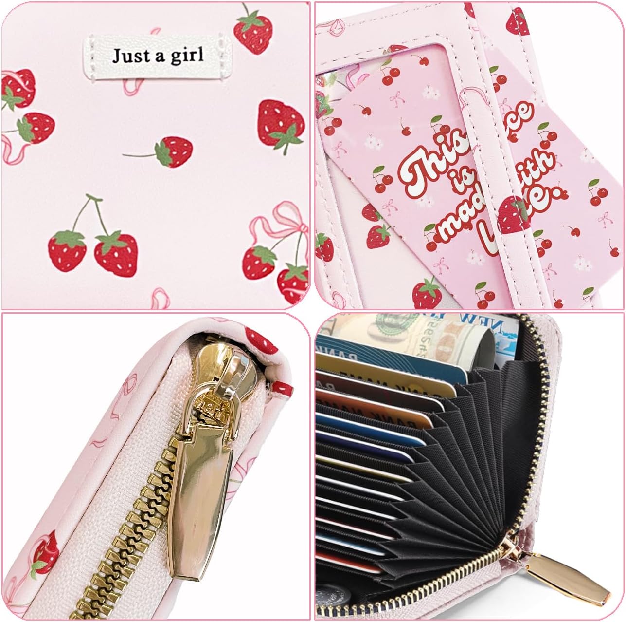 Sunwel Fashion Credit Card Holder for Women Small Accordion Card Cases with ID Window (PINK STRAWBERRY)