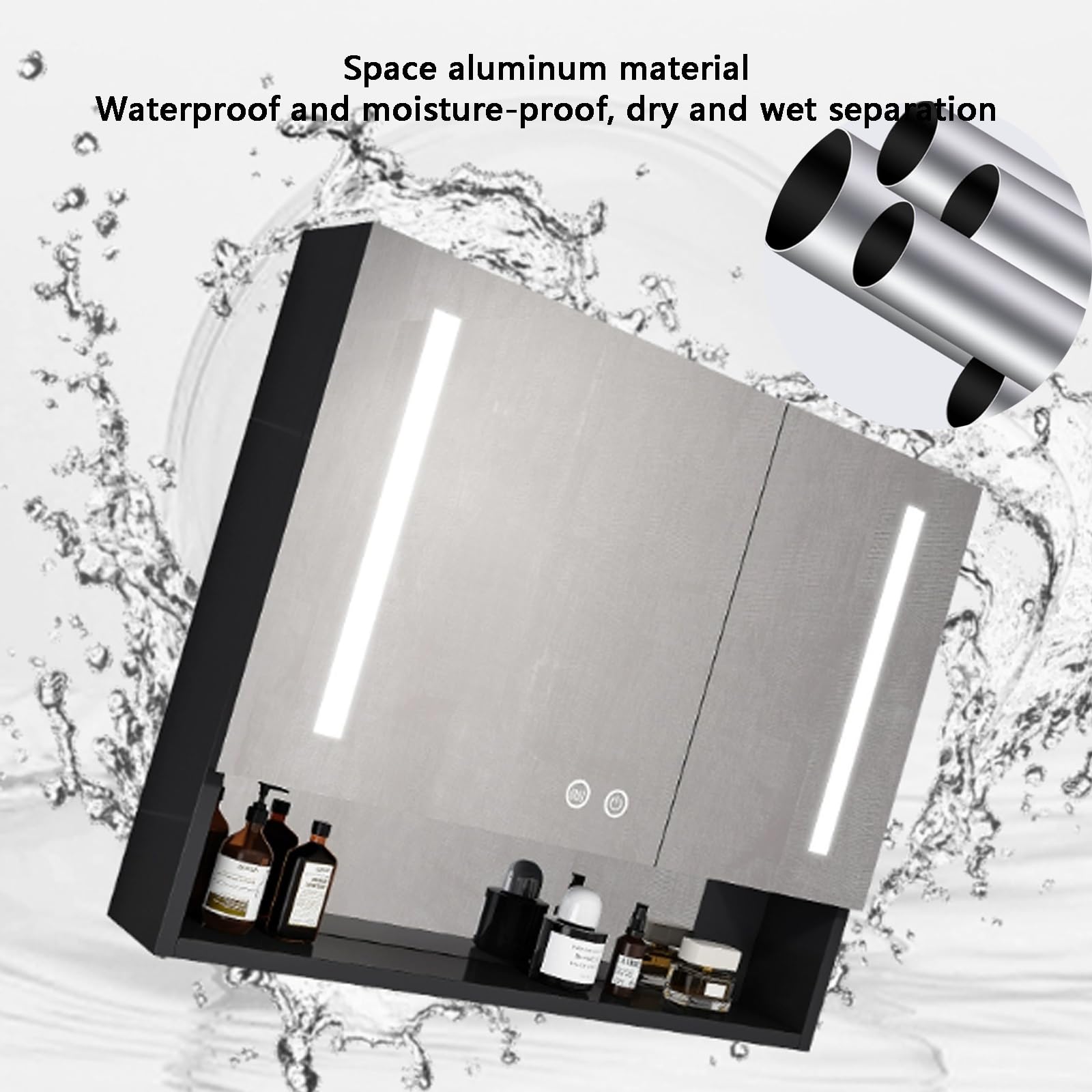 Aluminiowa apteczka ze światłami LED, inteligentne przechowywanie przeciwmgielne, oświetlenie do toaletki, przełącznik dotykowy, uchwyt na suszarkę do włosów, z otworami na papier higié
