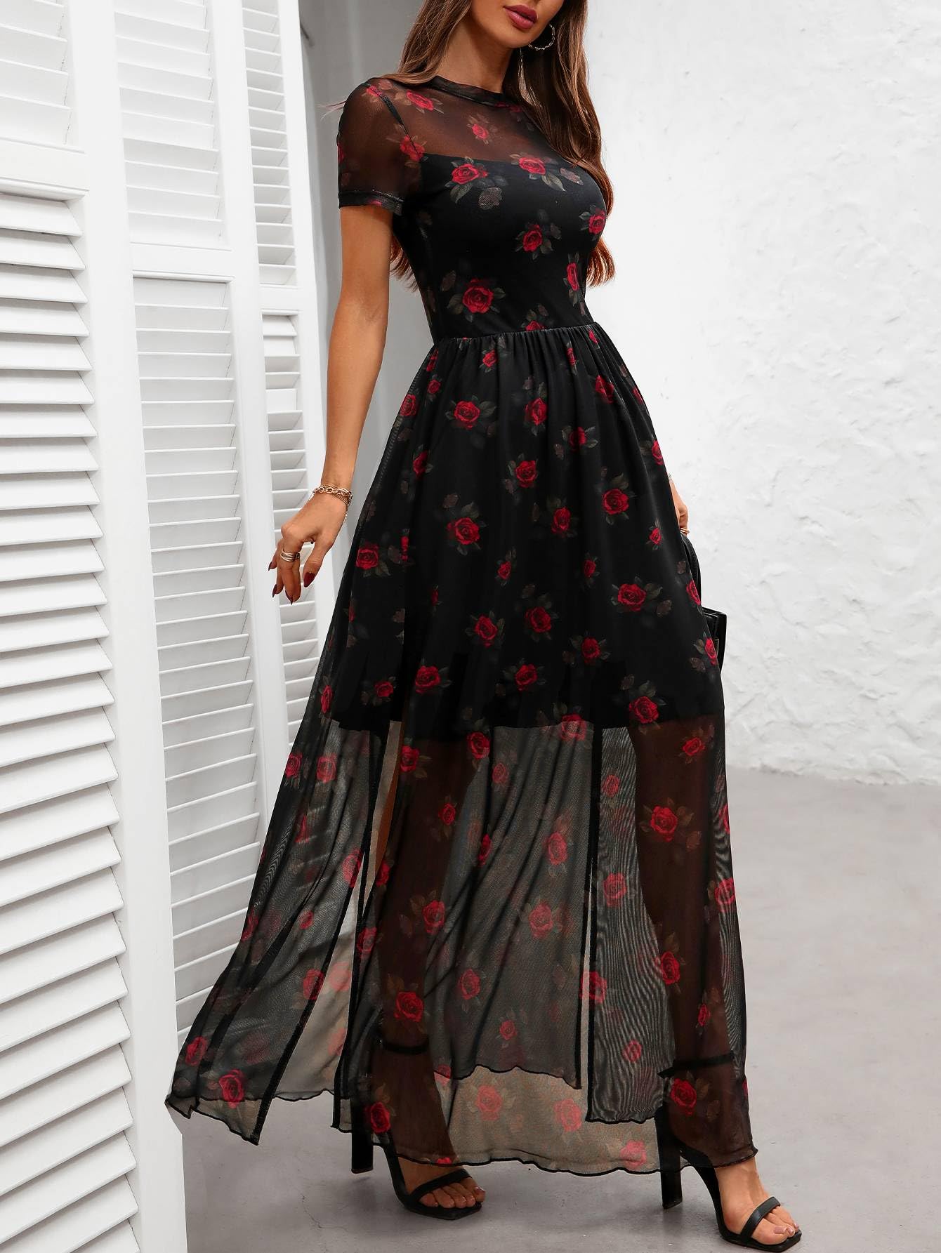 GothDark Women's Mesh Dress Short Sleeve Round Collar Floral Print High Slit Waist-Cinched Wedding Guest Maxi Dresses