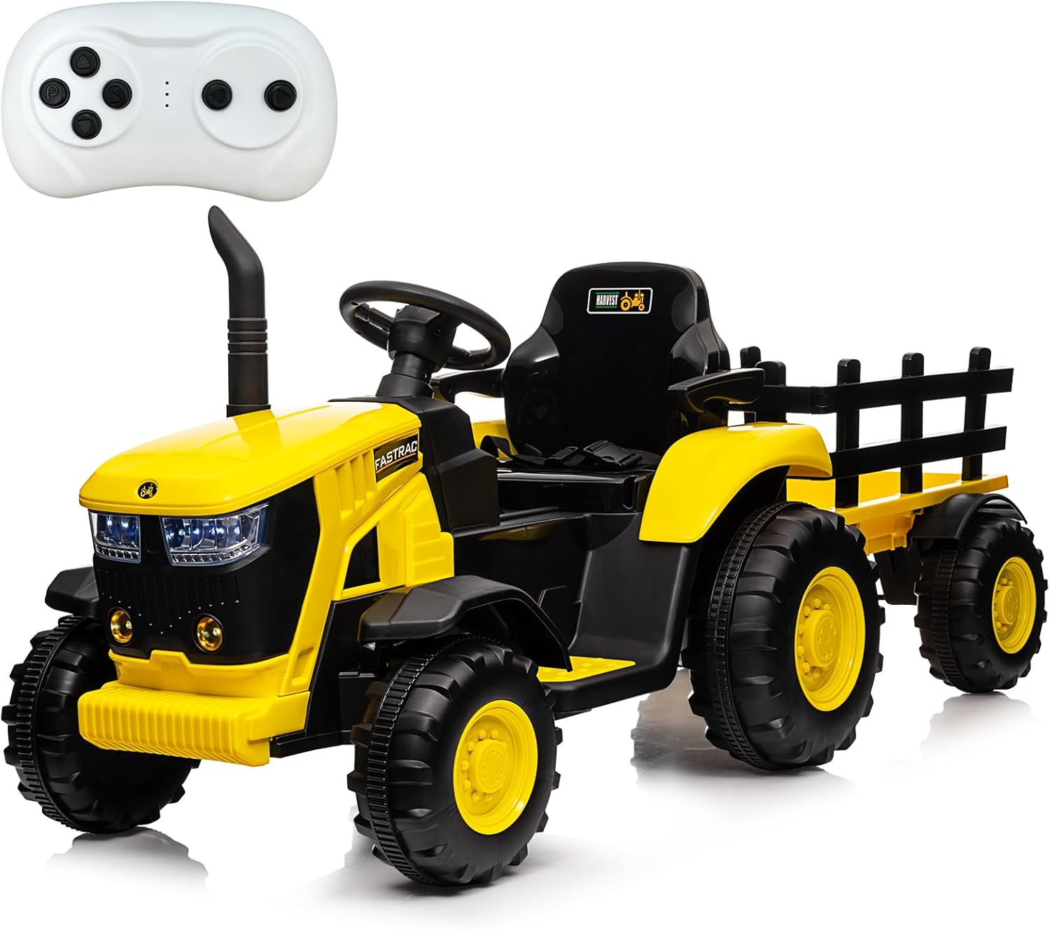 Acekool Kids Ride on Tractor with Remote Control, 12V Battery Powered Electric Tractor and 35W Dual Motors for Kids Bluetooth Music/USB, Safety Belt, 3-Gear-Shift, 7-LED Lights, Yellow