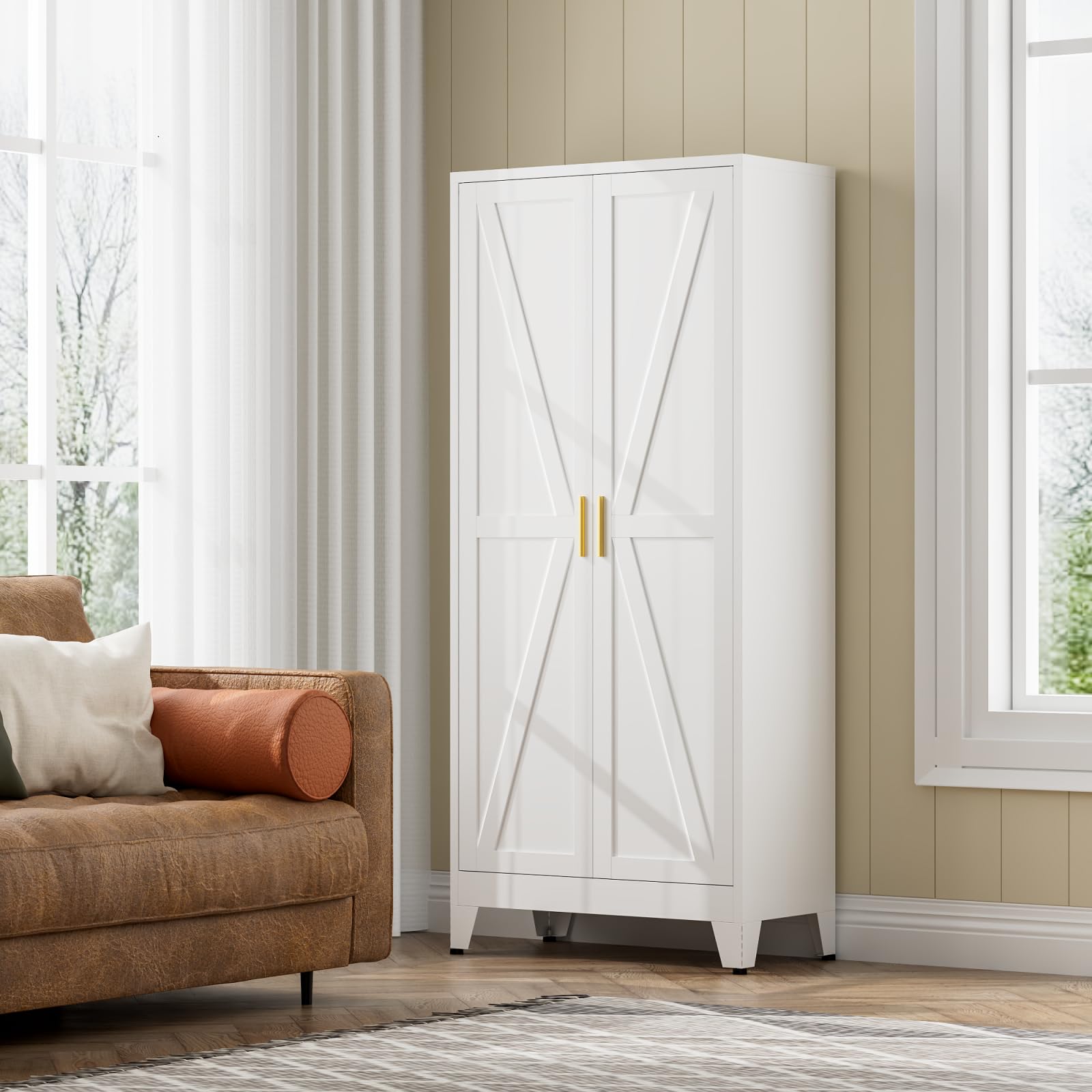 COFaR Armoire de rangement rustique en métal à 4 niveaux avec 2 portes de grange, 3 étagères et pieds réglables, pour salle à manger, salle de bain, salon, bureau (blanc, 154,9 cm, ferme, 155 cm)