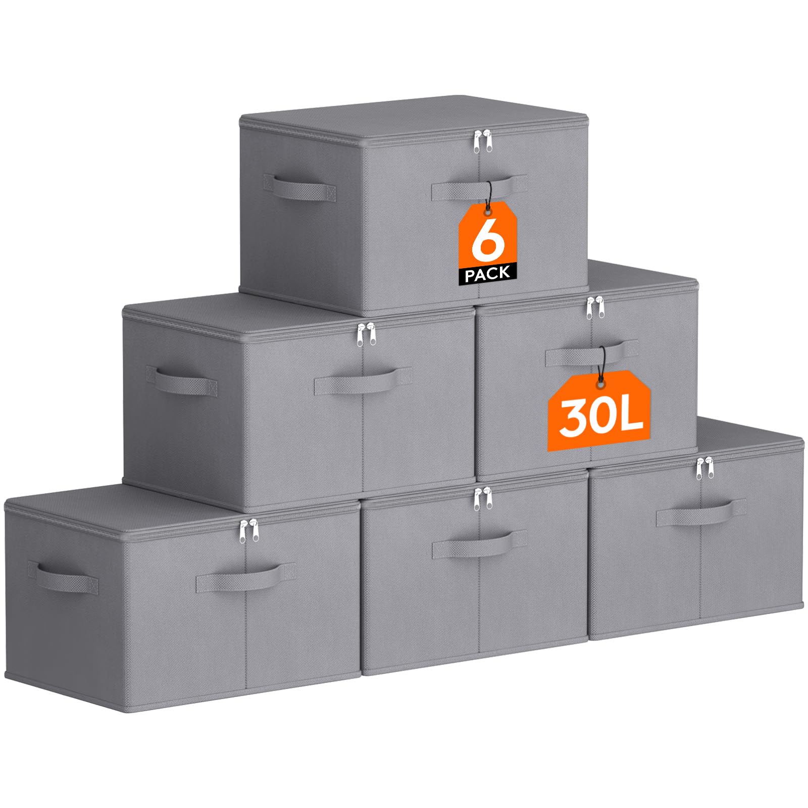 Lifewit 30L 40x30x25cm Wardrobe Storage Organiser, Storage Boxes With Lid, Foldable Clothes Basket With Reinforced Handle, Cube Lidded Box For Blanket Duvet, 6 Pack, Grey