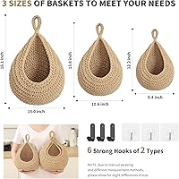 Vista 4 de Canastas colgantes de frutas boho para pared de cocina, paquete de 3, contenedor tejido para productos con 6 piezas de ganchos fuertes, cesta