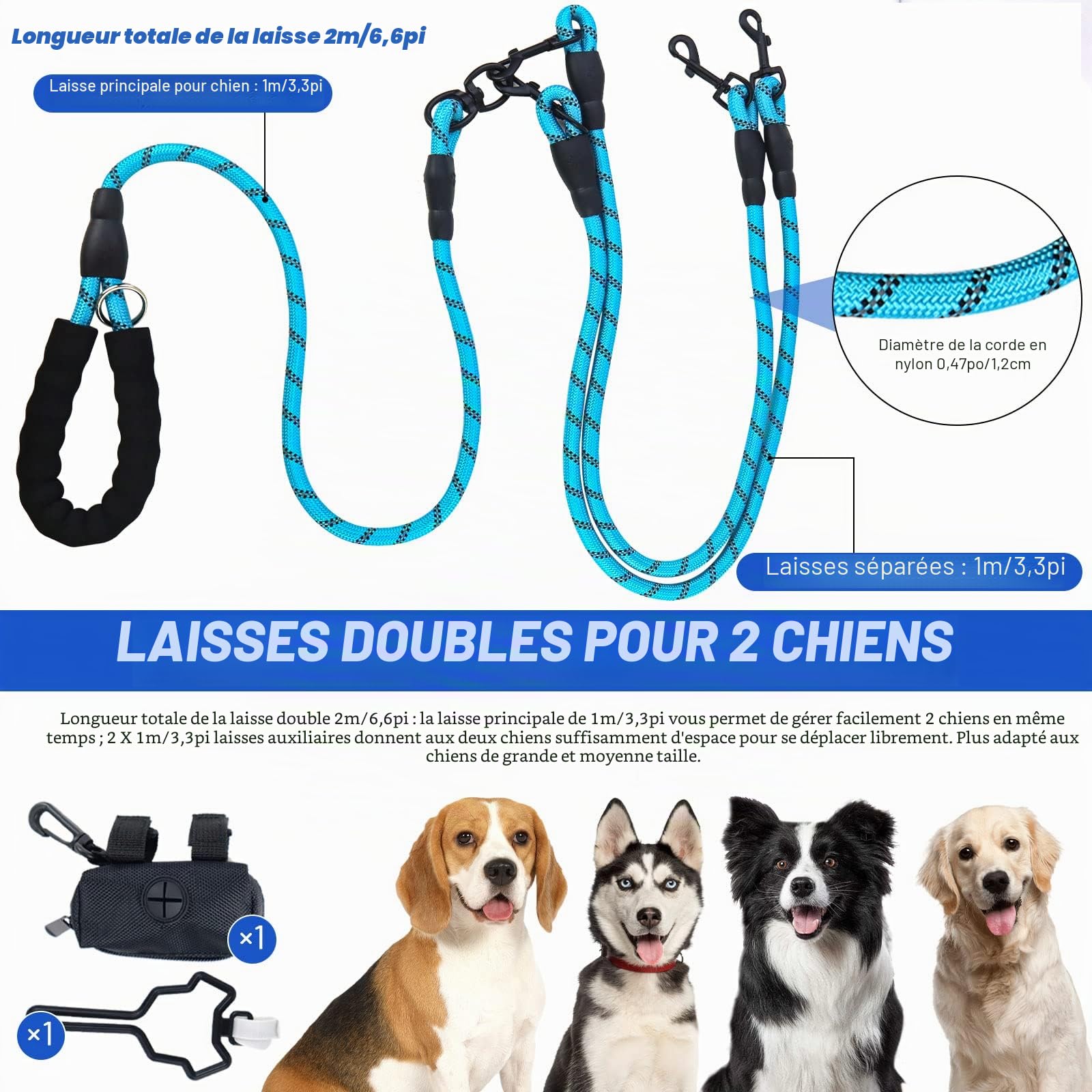 LELE LIFE Laisse Double Réfléchissante pour Deux Chiens, Pivotante à 360°, avec 2 Porte-Sacs à Crottes (Bleu)
