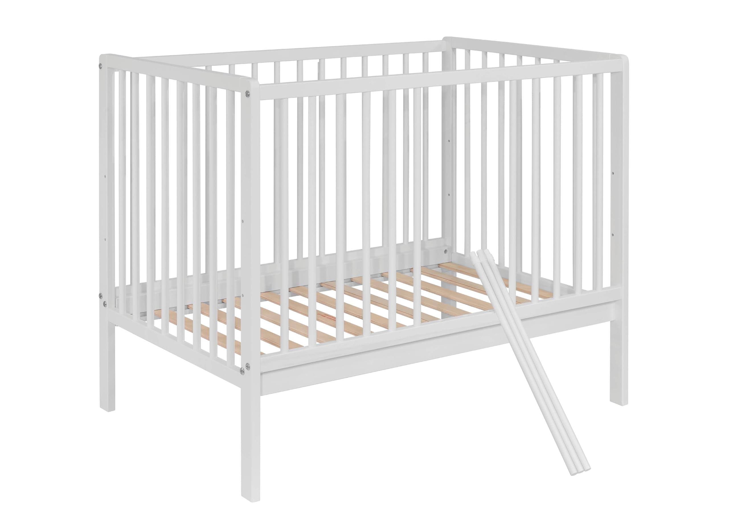 Lit bébé Julia 100x60 cm avec Matelas – Bois Massif hêtre – Sommier réglable 3 Positions – 3 barreaux Amovibles – Conforme en 716 (Blanc)