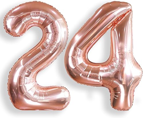 AULE Globos grandes de 40 pulgadas con el número 24 de color oro rosa, globos gigantes de helio para fiesta de cumpleaños 24 para mujeres, enormes