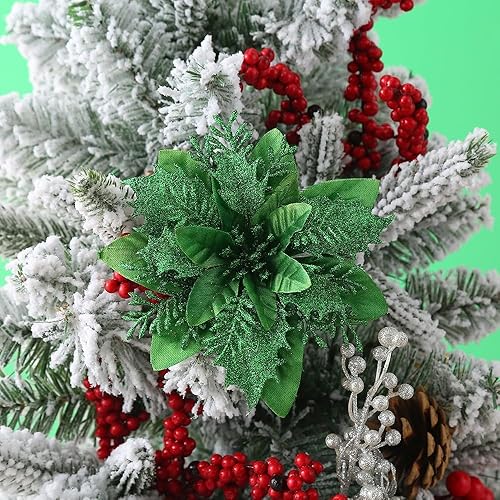 Miniatura 2 de YYCRAFT 12 flores artificiales de seda brillante con purpurina para decoración de árbol de Navidad (verde, 6 pulgadas)