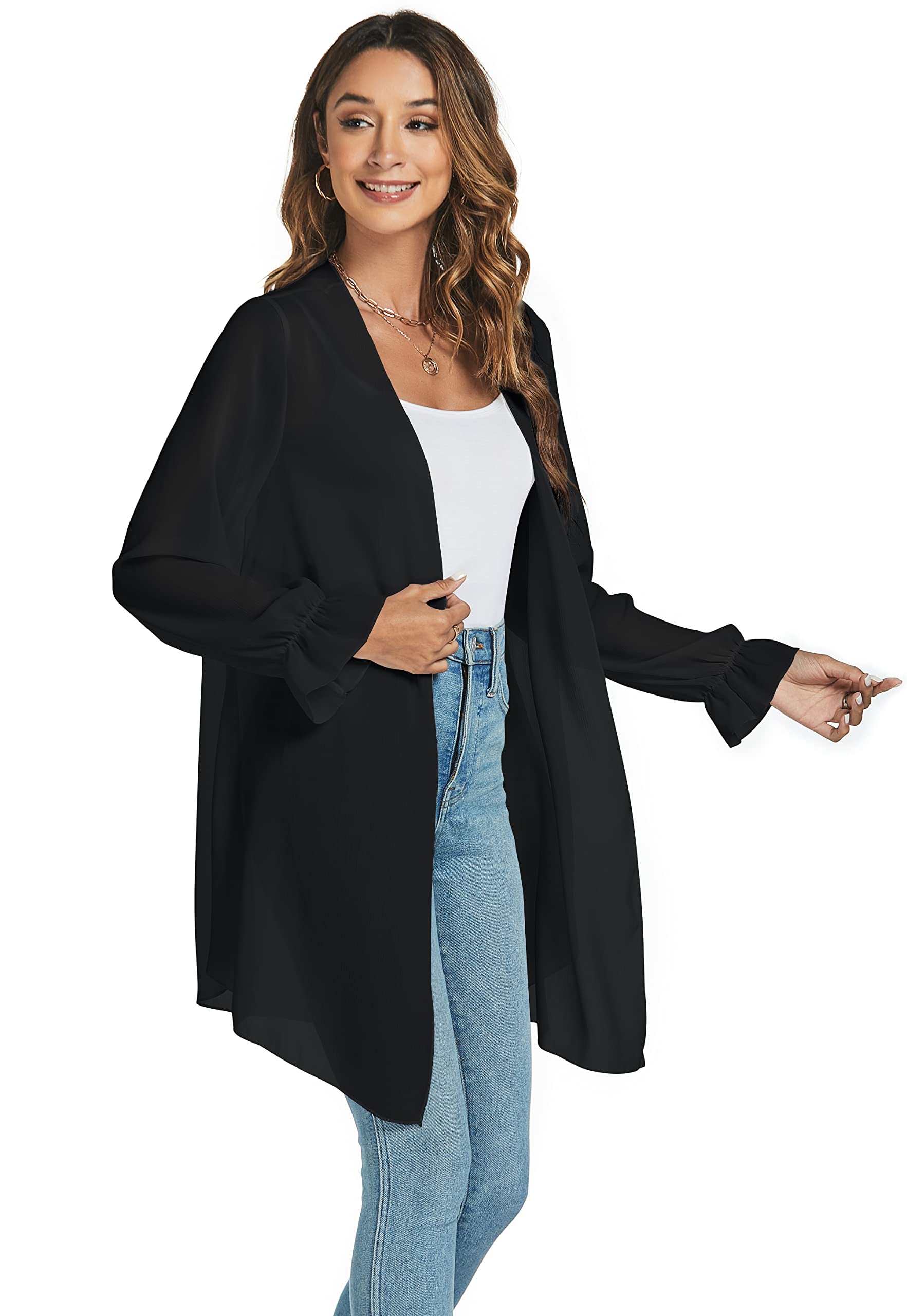 Gilet Long Léger Femme Cardigan Cache Maillots Plage à Manches Longues Ouverte Devant Élégant Veste Kimono