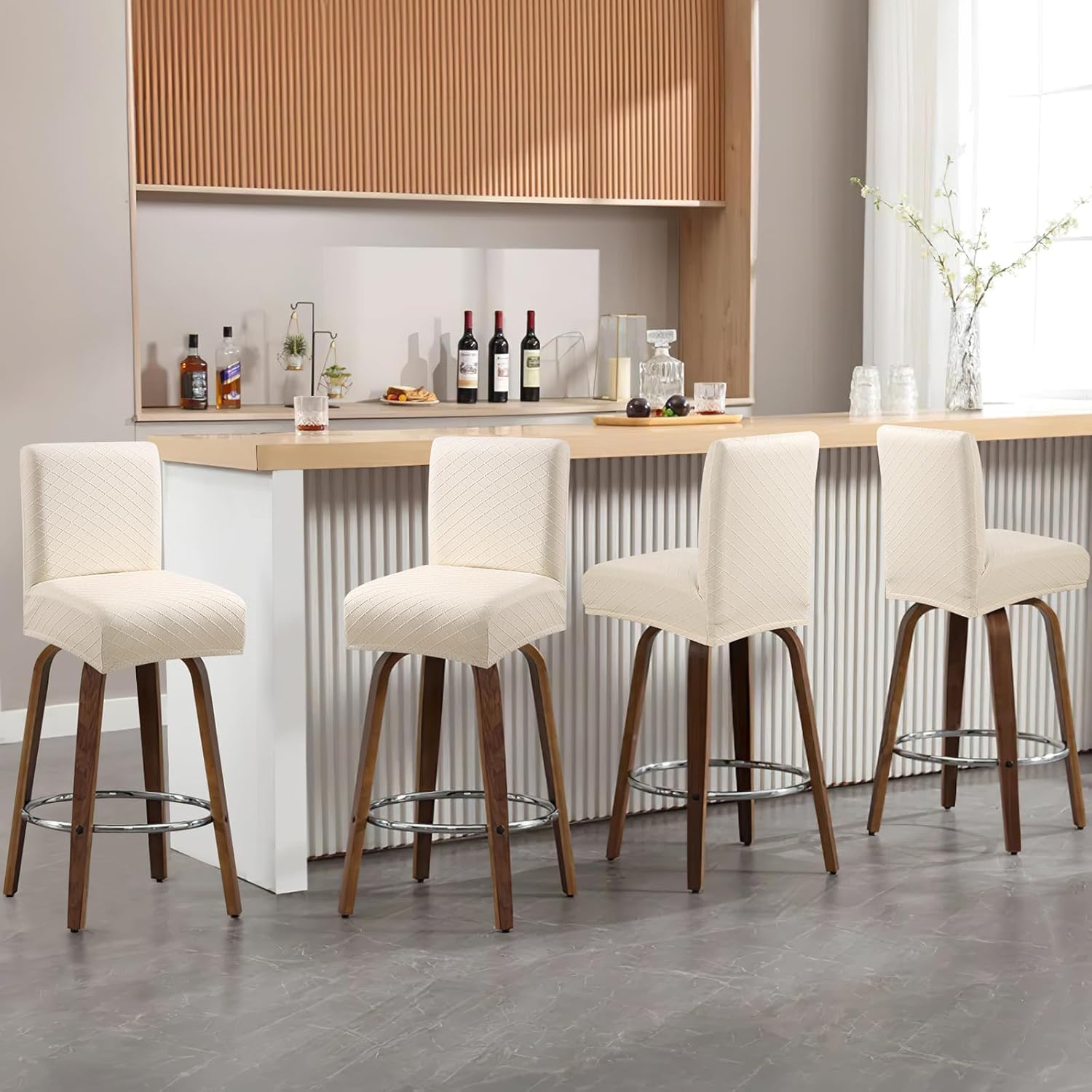 Waterproof Bar Stool Covers 4 PCS, Stretch Chair Slipcover for Pub Tall Chair with Backs Counter Barstool Cover Removable Washable (Beige)