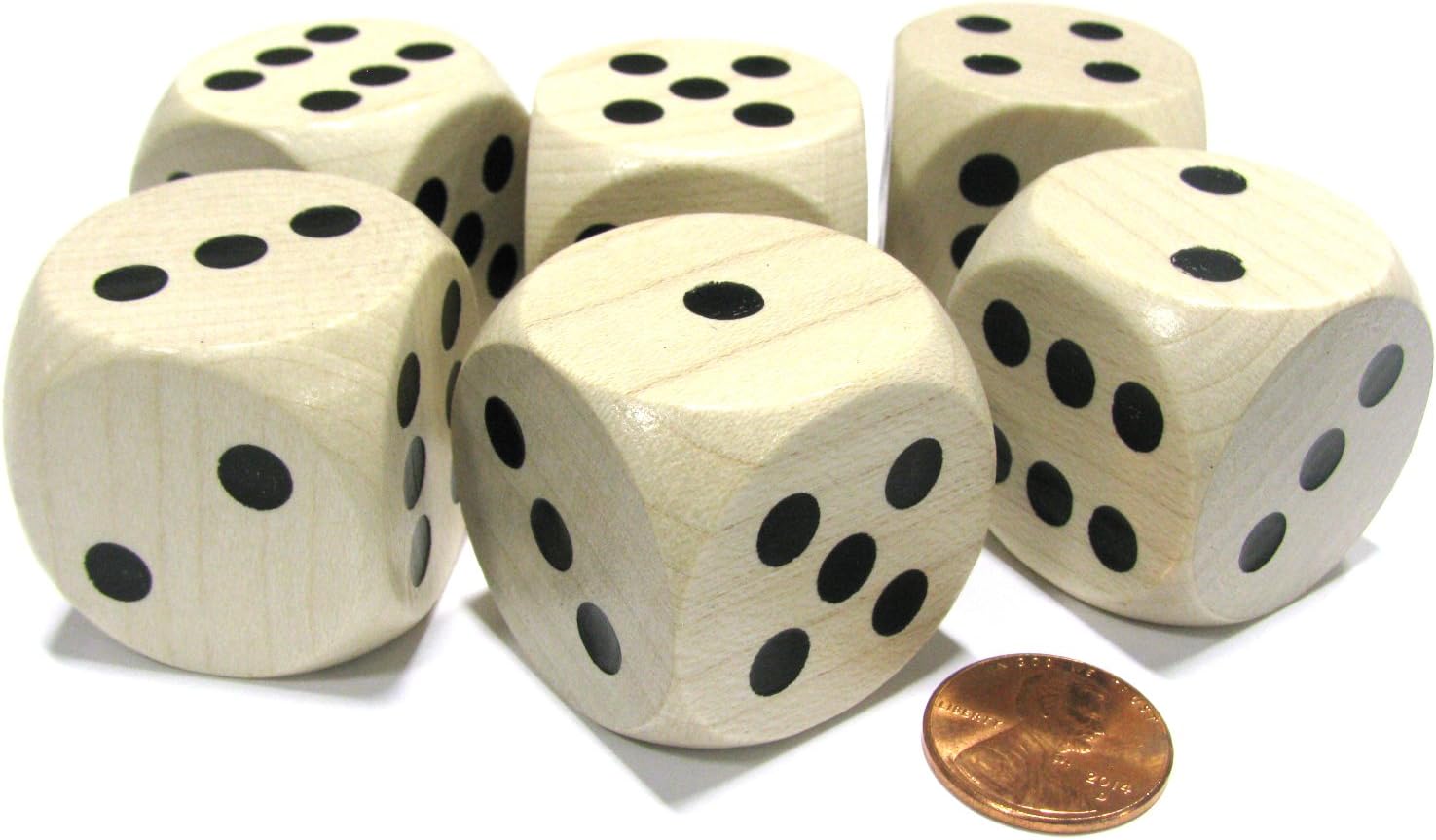 Set of 6 D6 Large Jumbo 30mm Rounded Wood Dice - Wooden with Black Pips