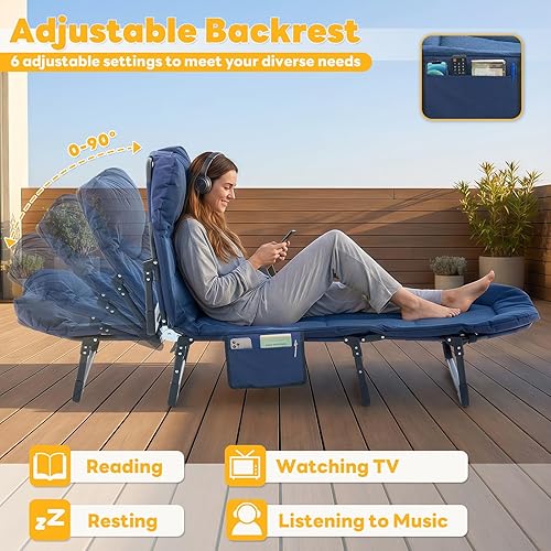 Miniatura 4 de DUMOS Cuna de campamento para adultos, cama plegable ajustable con colchón, cama de campamento plegable de 6 ángulos para campamento, oficina, al