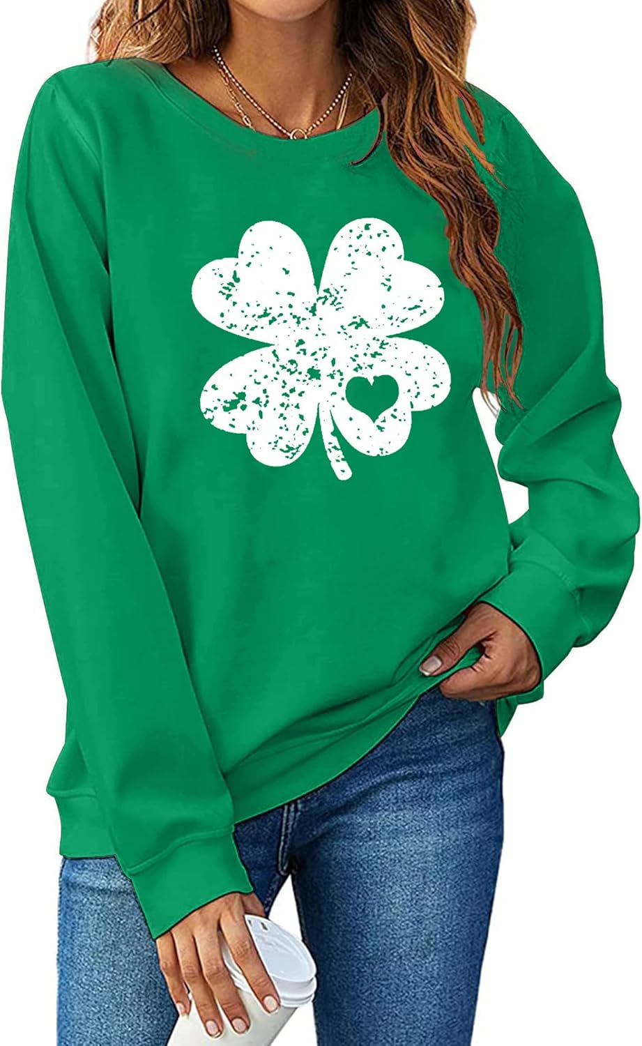 Urvatac Women St. Patrick's Day Sweatshirts Shamrock Clover Print Shirts Casual Irish Gift Long Sleeve Loose Fit Tops