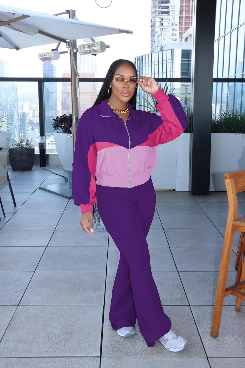 HBQ Women's Color Block 2 Piece Tracksuit Sets Long Sleeve Zip Up Crop Jacket and Flare Pants Casual Y2K Outfit-Dark Purple-L