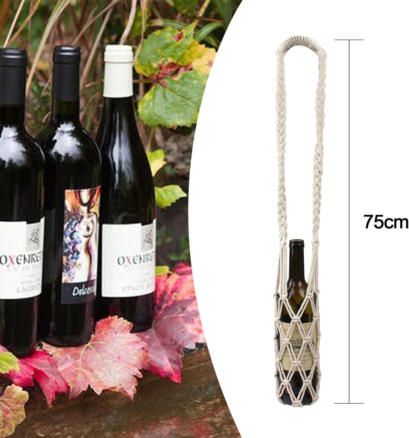 2pc Crochet Macrame Wine Carrier & Strap - Handmade Water Bottle Holder for Hiking, Cycling & Fitness
