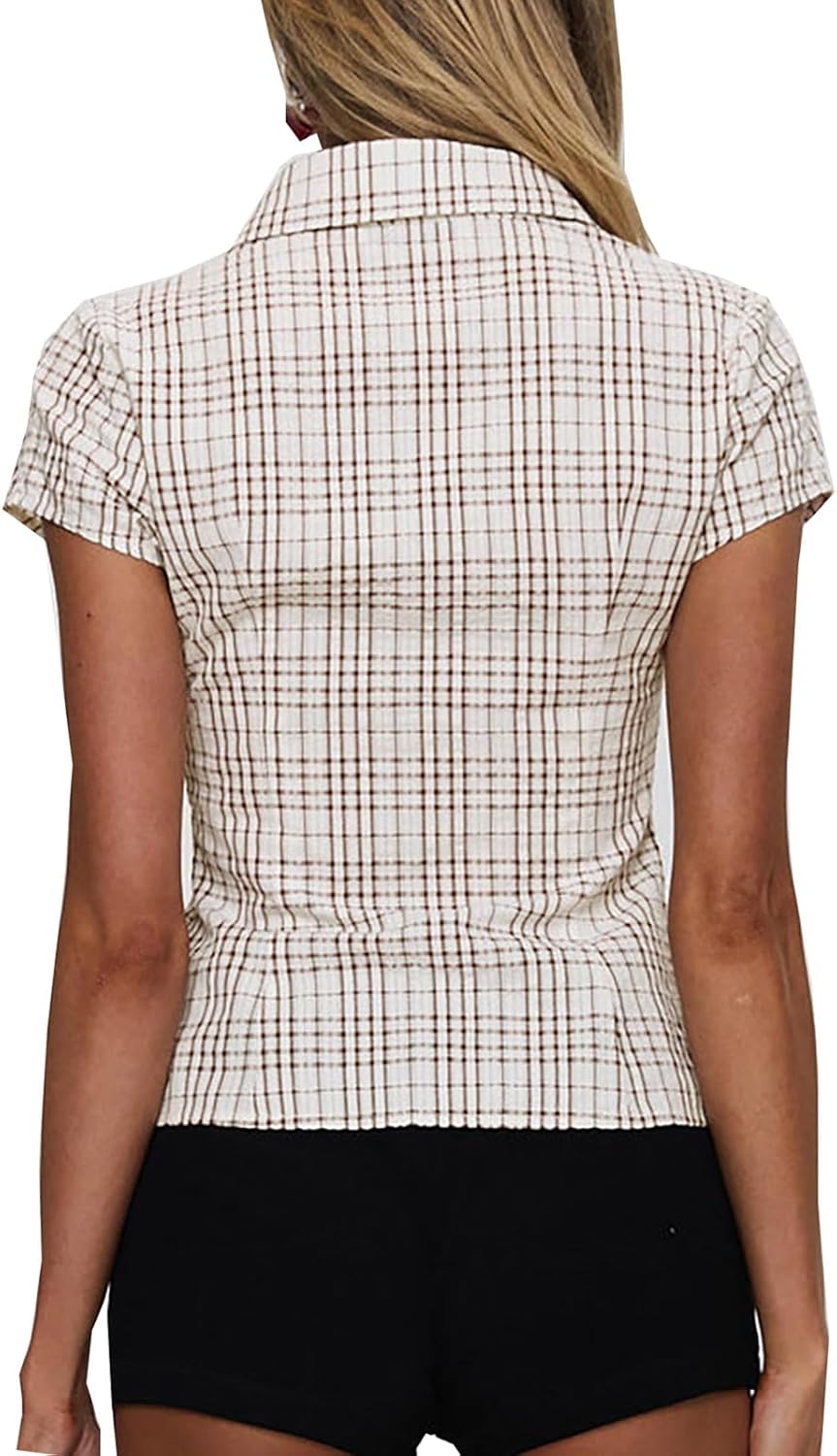 Womens Button Down Shirts Short Cap Sleeve V Neck Collared Plaid Waisted Blouses Summer Casual Tops - Image 3