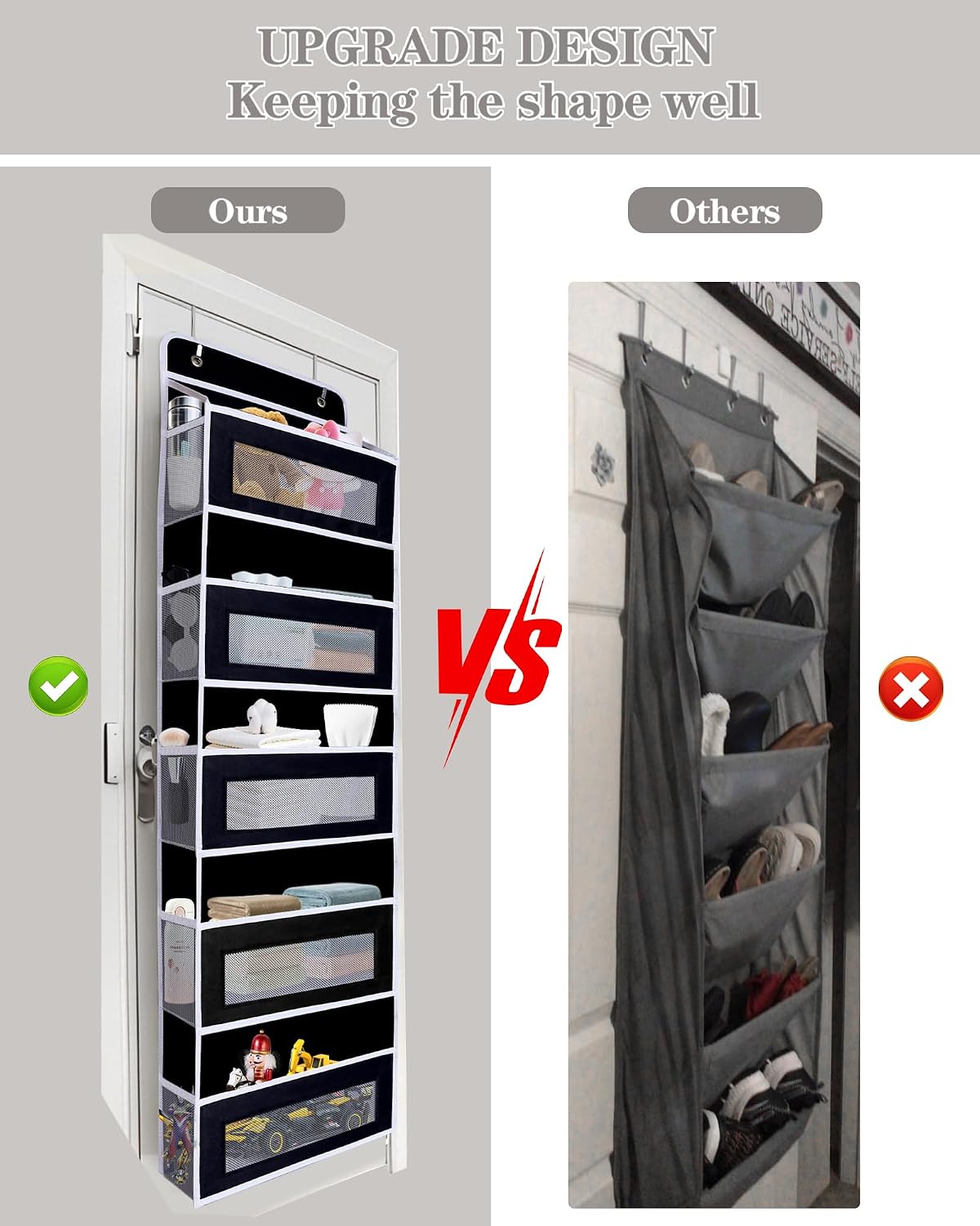 Over The Door Organizer, Reinforced Composite Fabric with Reinforced Stitching and Anti-Sag Structure, 44LB Capacity, 5 Large Pockets & 10 Mesh Pockets for Bathroom, Nursery & Laundry Room (Black)