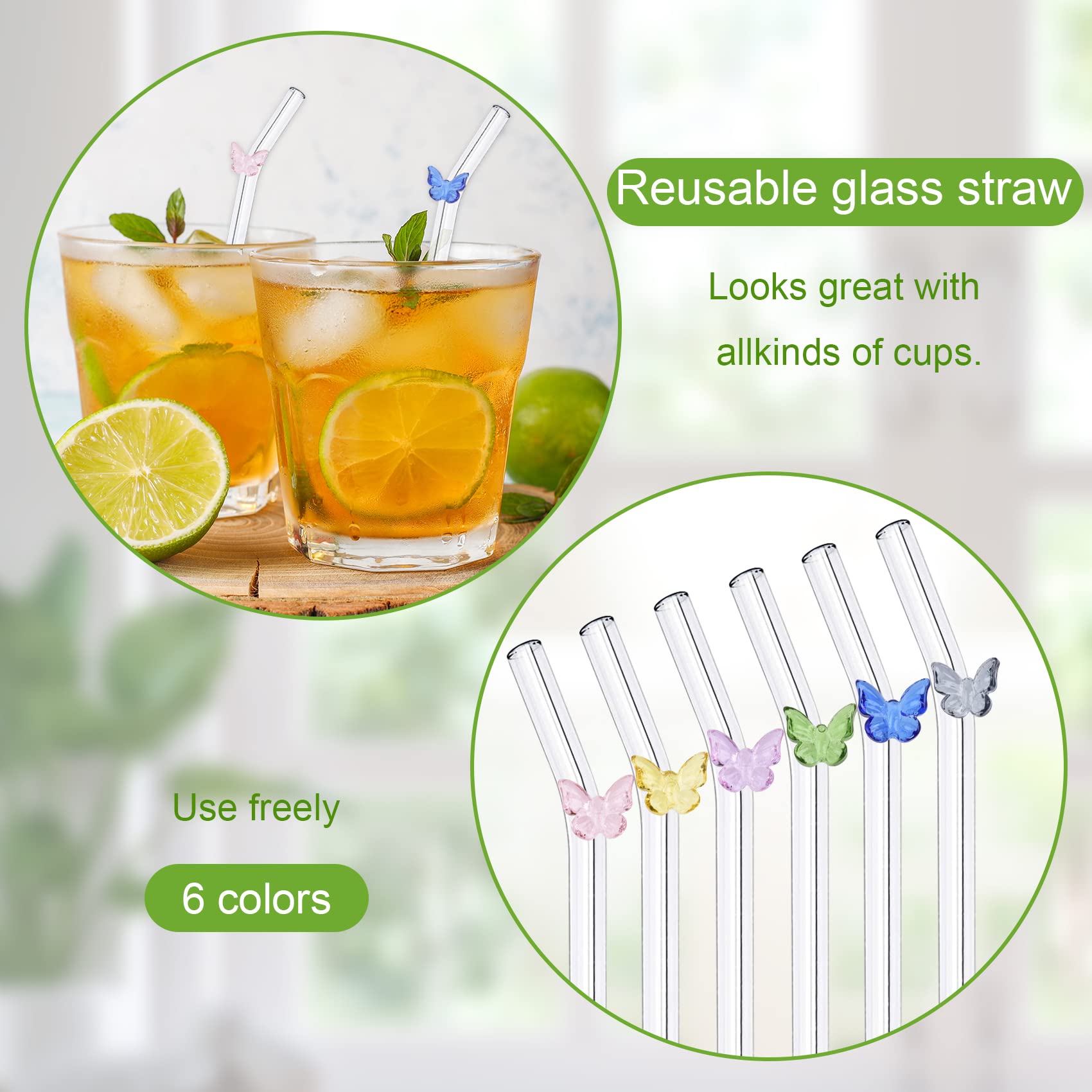 6 Cannucce con 2 Pieghevoli Spazzole per la Pulizia, Cannucce di Vetro Riutilizzabili in Vetro Trasparente con Decorazione, per Frullati, Latte, Caffè, Cocktail, Acqua, Succo