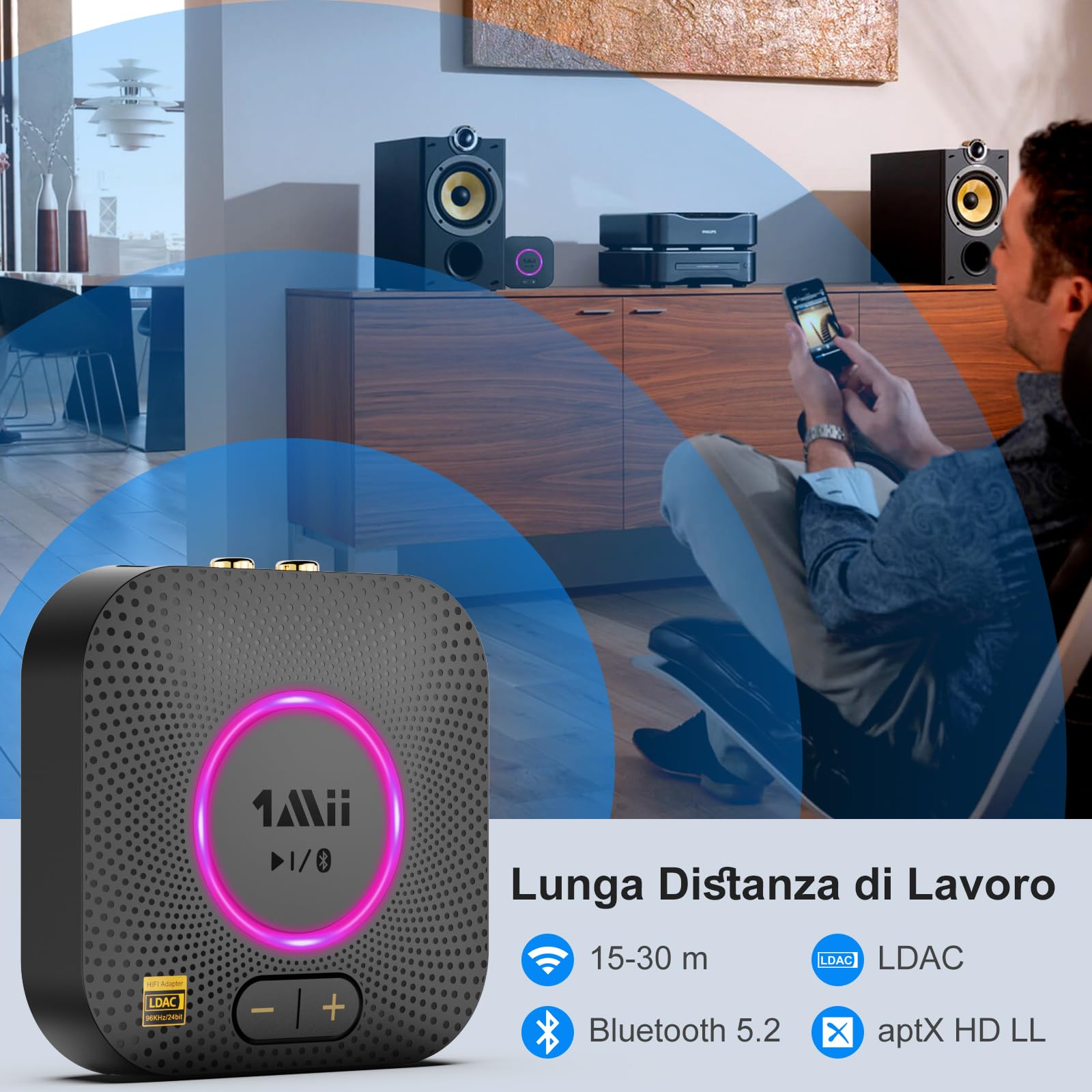 1Mii B06S+ Ricevitore Bluetooth 5.2 HiFi, Hi-Res LDAC Adattatore Audio Bluetooth con Jack AUX 3.5mm e RCA, aptX Bassa Latenza, 100ft Lungo Raggio Ricevitore con Controllo Volume per Home Audio/PC