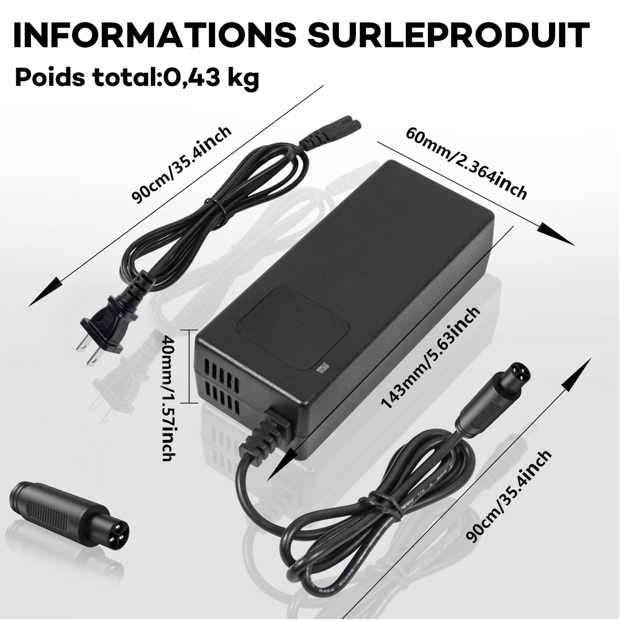 Câble de charge pour scooter électrique 54,6 V, 2 A, compatible avec les batteries au lithium de 48 V, avec écran haute résolution, plusieurs dispositifs de sécurité avec arrêt automatique lorsque la